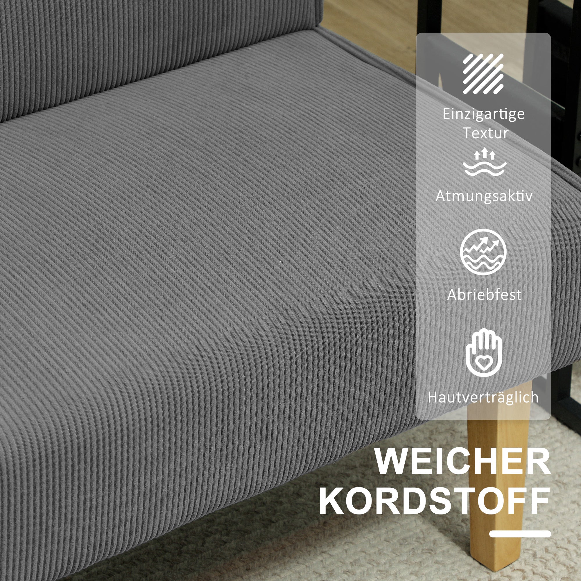 2-Seater Sofa Upholstered Wooden Legs 110cm Corduroy-Look, Grey