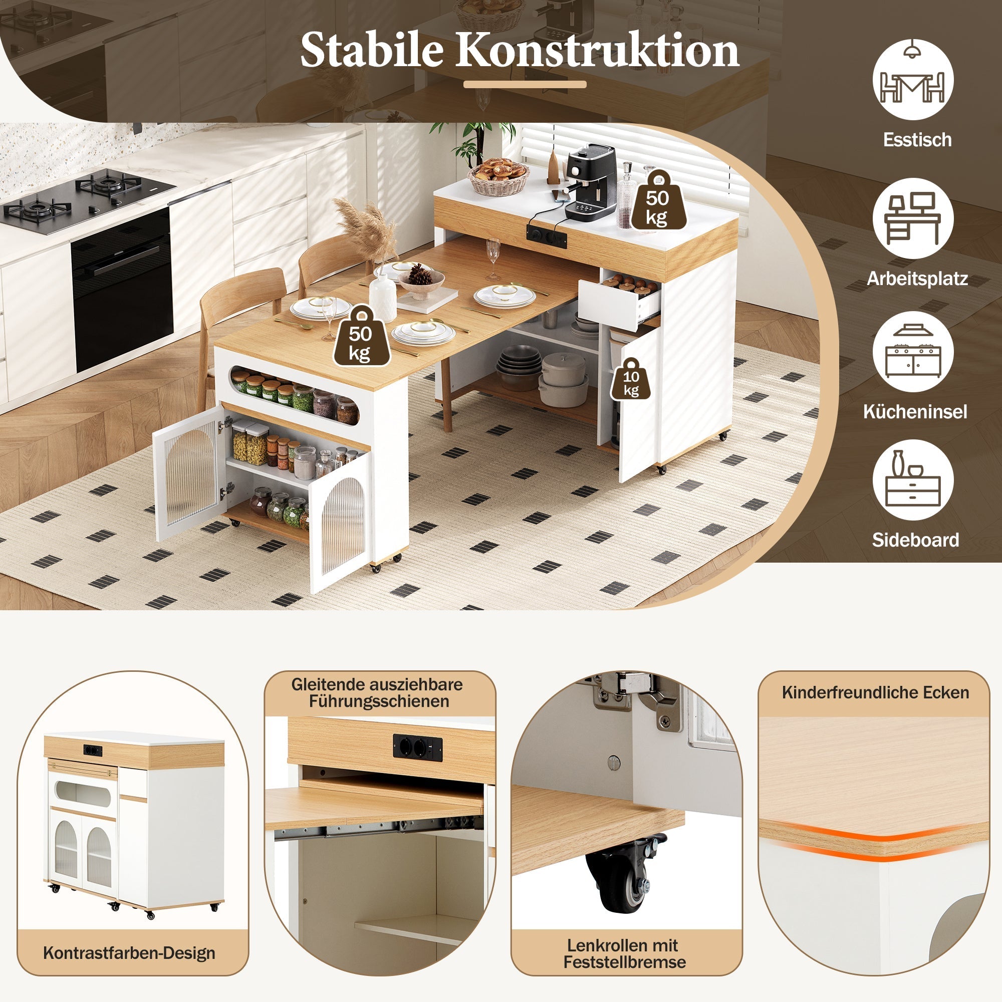 Extendable Kitchen Island Ribbed Glass Power Strip Storage White/Natural