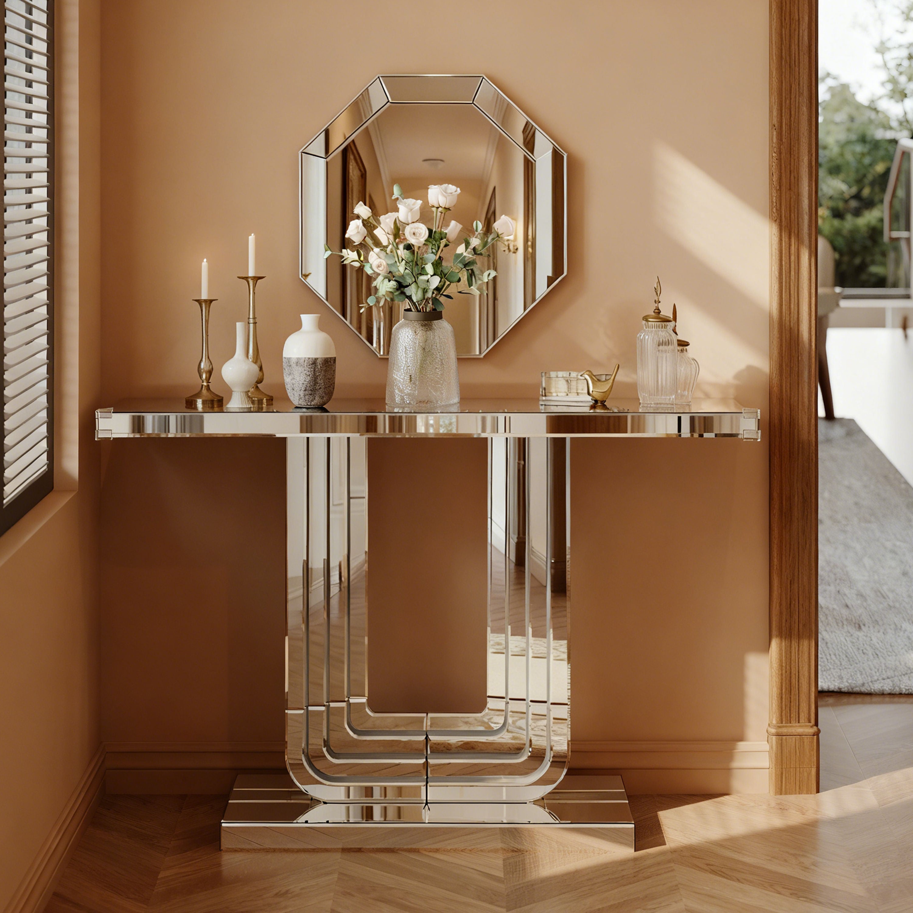 120cm Mirrored Console Table, Elegant U-Shaped Base, Silver Finish