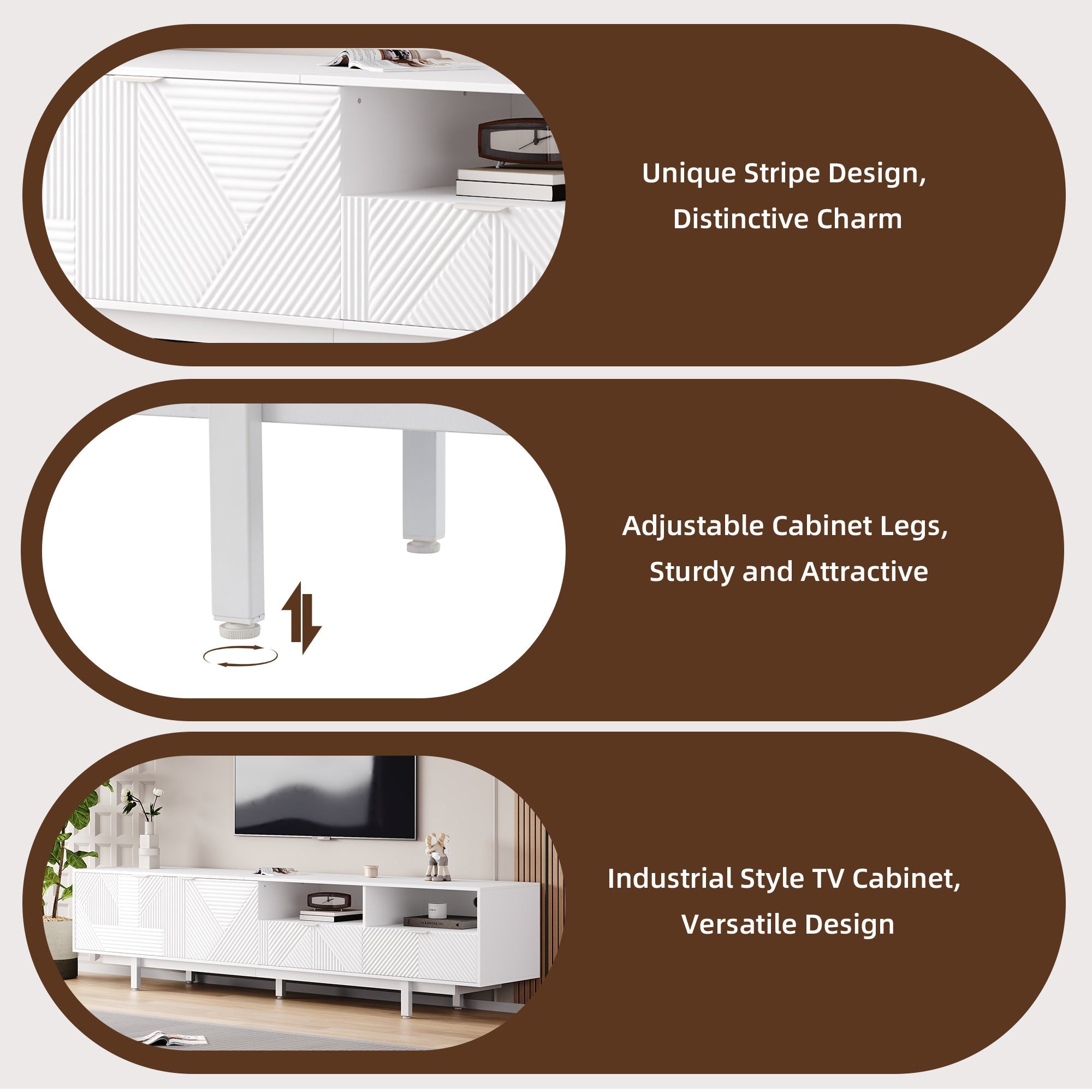 TV Cabinet, Modern Bohemian White Geometric Lines with Storage Space, for 90 inch TVs