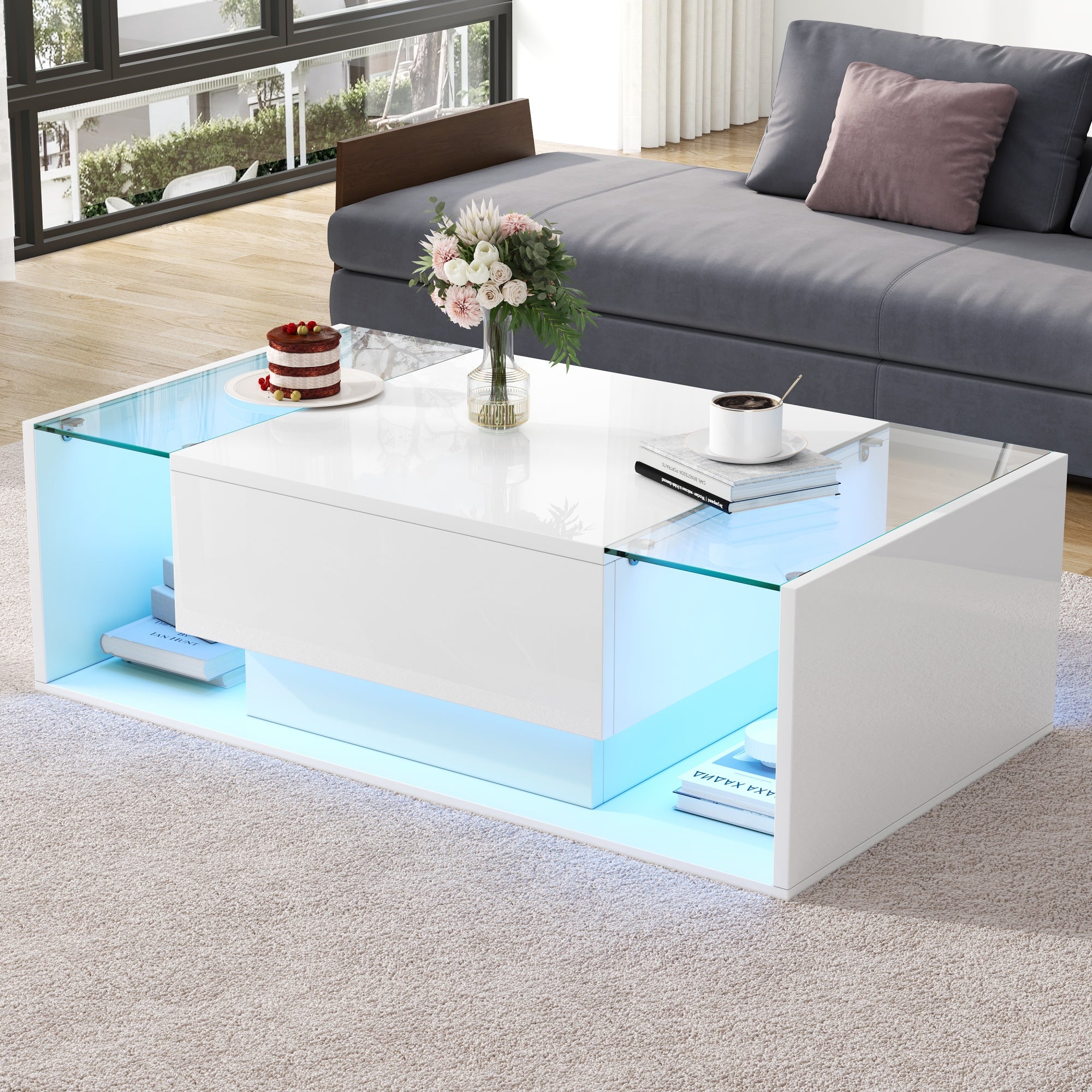 Coffee Table, 1 Drawer LED Light Tempered Glass, White High-Gloss