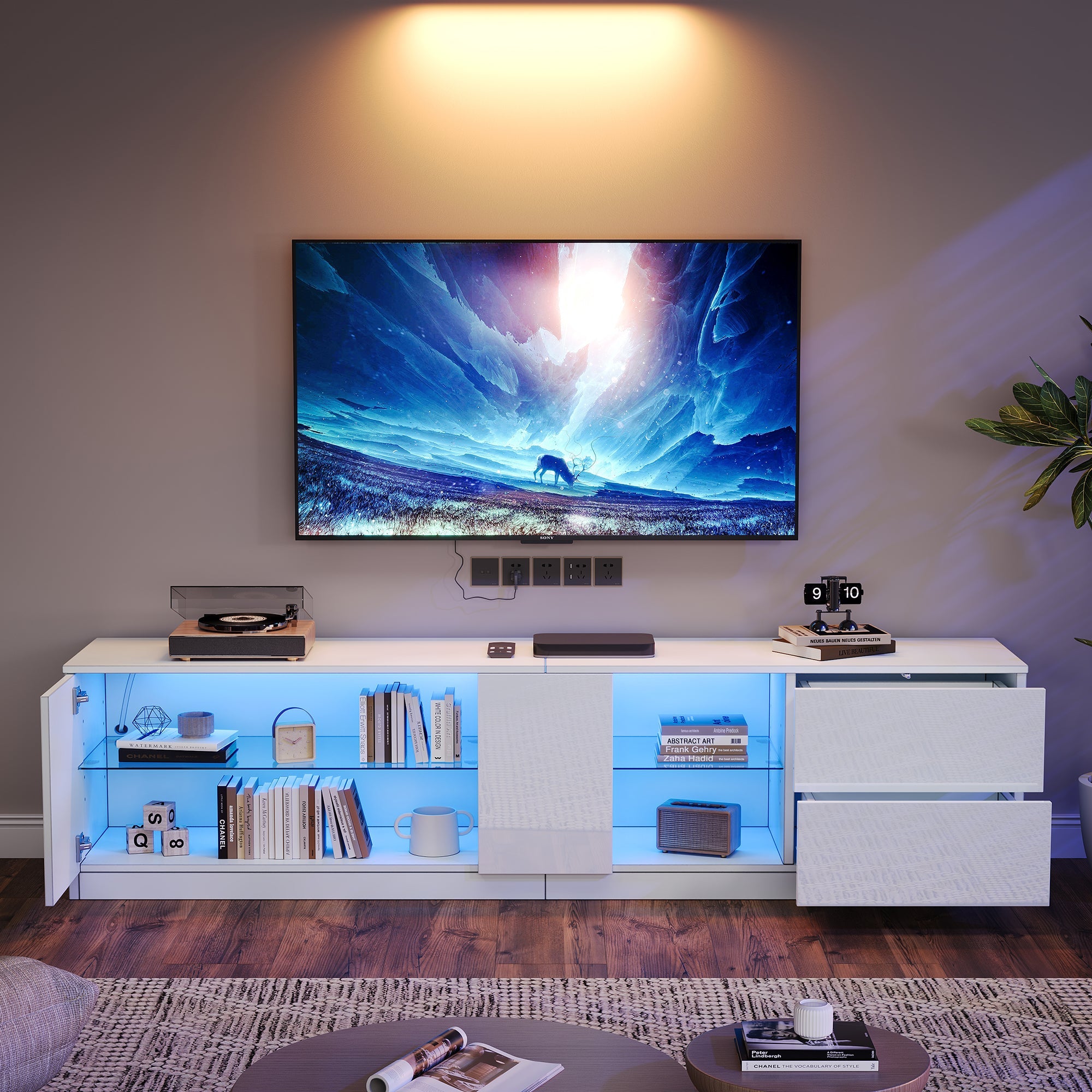 TV Stand 160 x 40 x 52 cm, High-Gloss with LED Lighting, for 65" TVs, Living Room and Bedroom