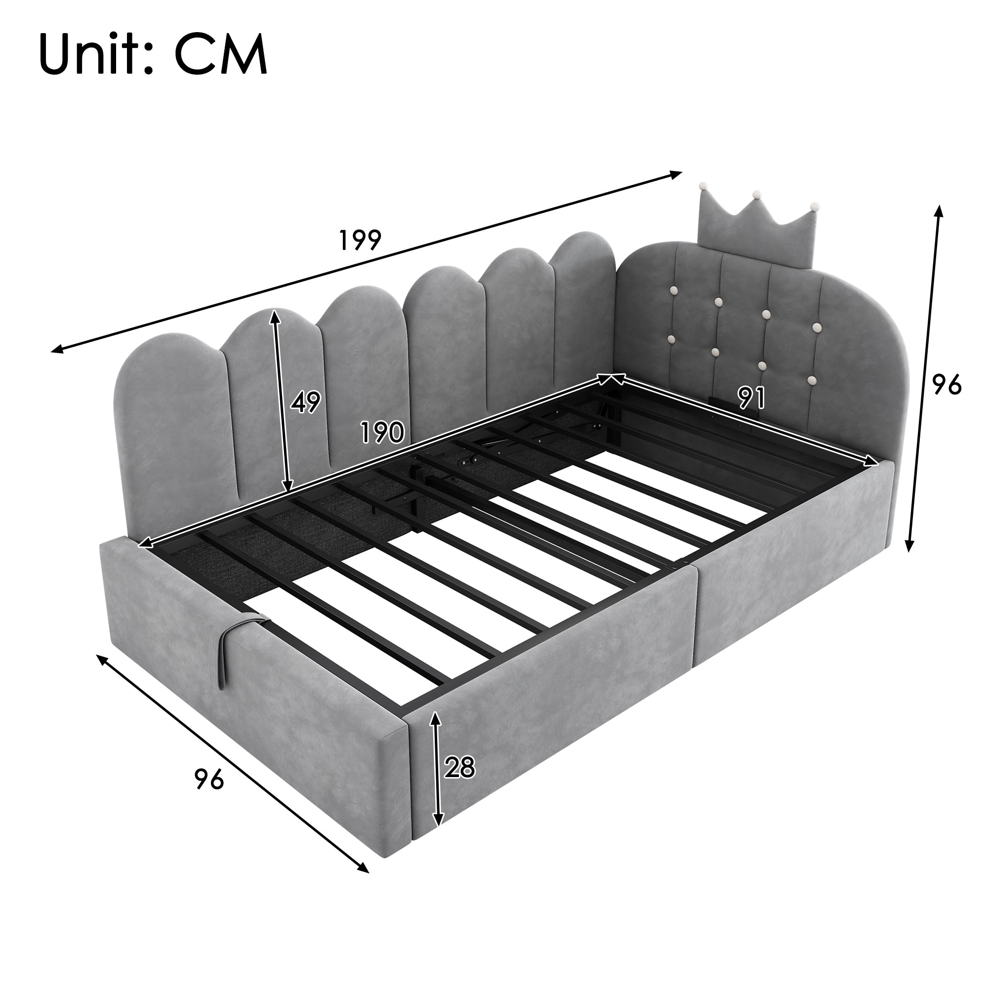 Upholstered Daybed with Hydraulic Storage and Crown-Lattice Design, 90x190cm, Grey Velvet