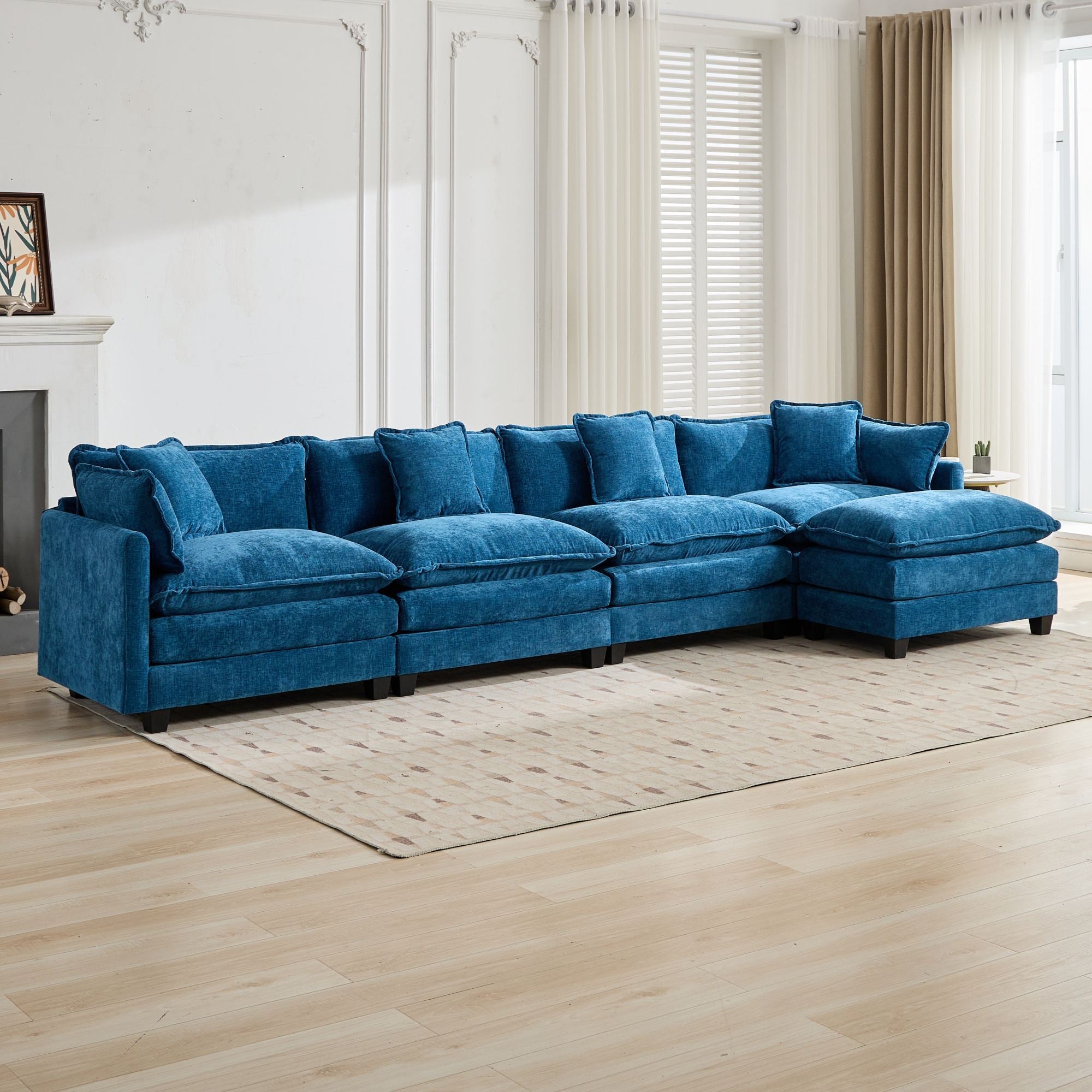 Cloud Sofa 4 Seats Sectional Couch with Double Layer Upholstered Cushion, Blue Chenille Fabric