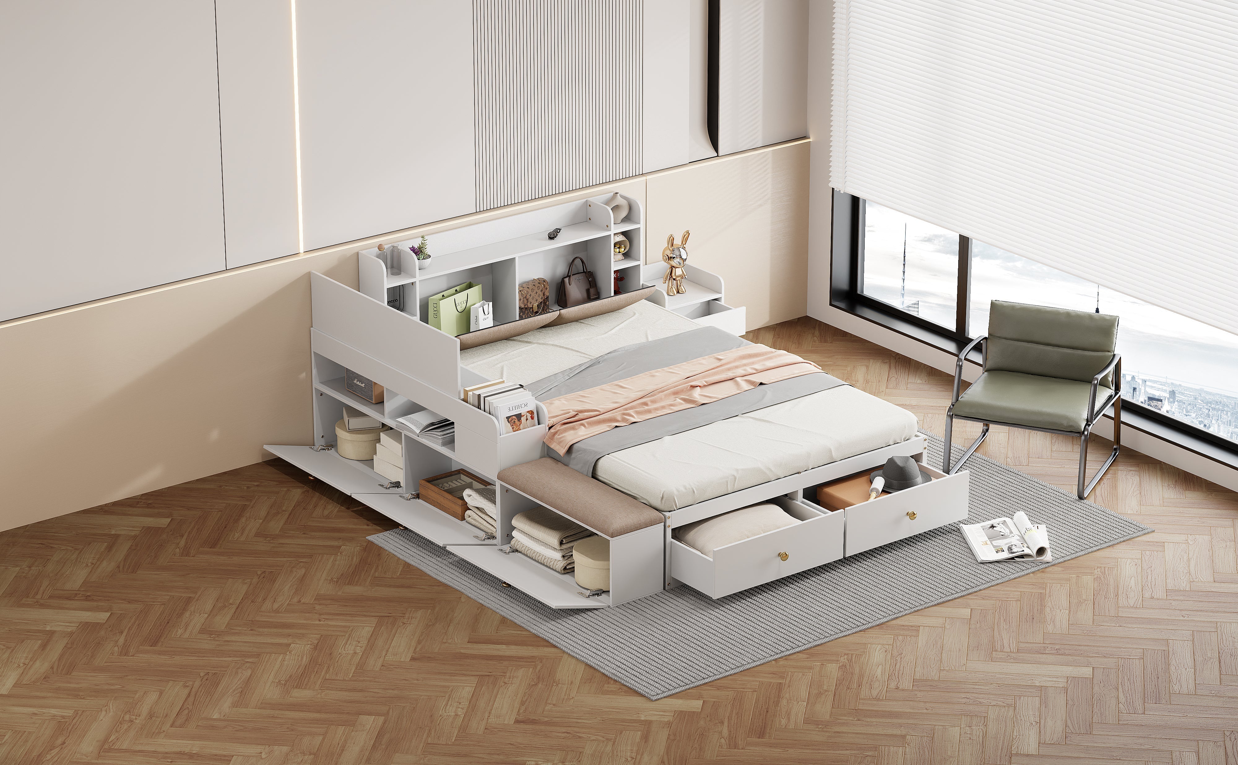Combo Bed 140*200cm, Storage Headboard with Drawers & Sofa Bench, Solid Wood White