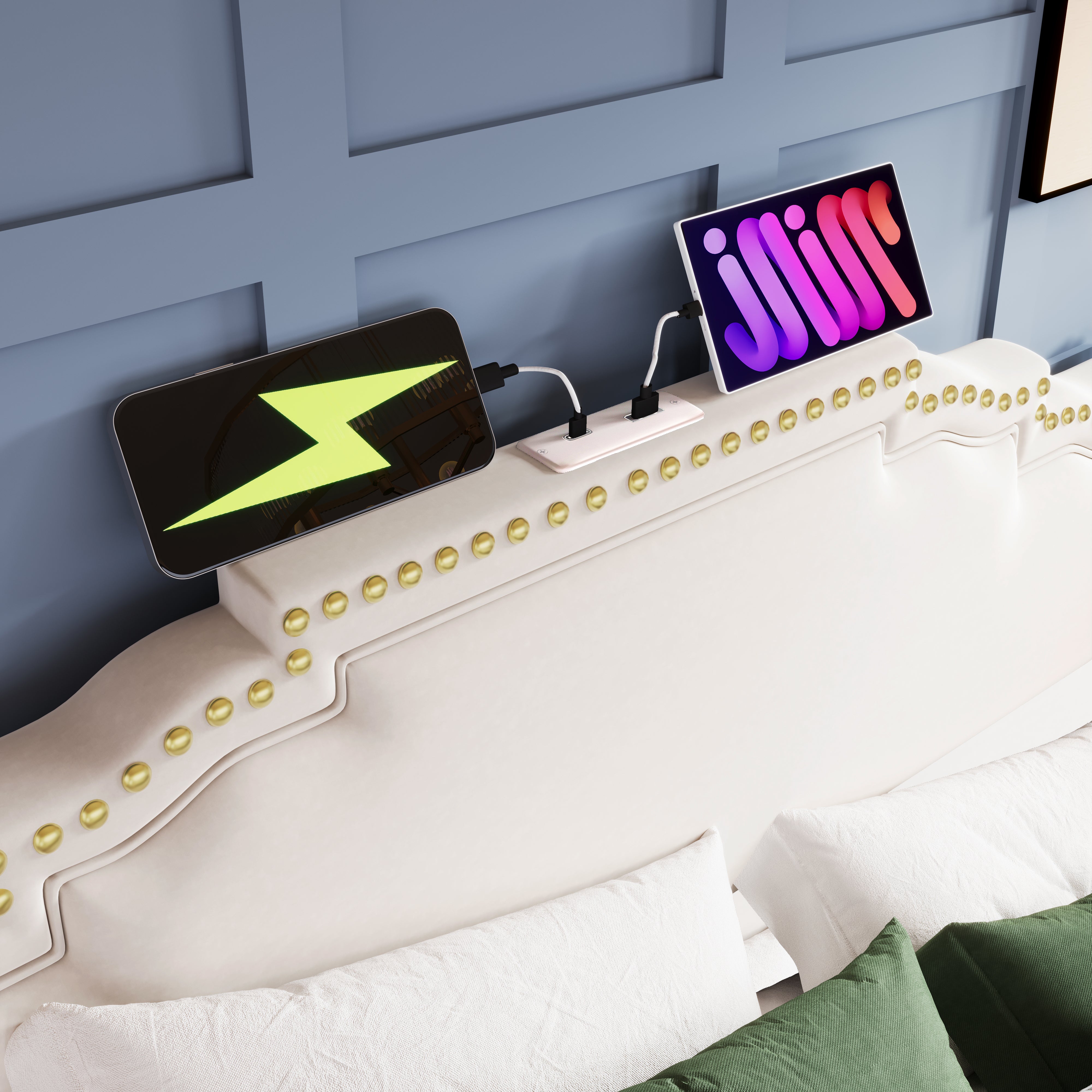 Upholstered Bed 140x200, Hydraulic Storage, LED, USB-C, Slatted Frame, Beige Velvet