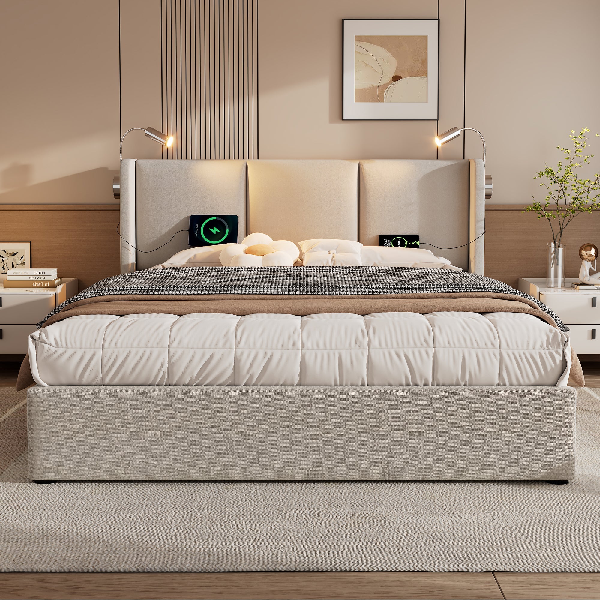 Upholstered Double Bed 160x200 Storage, USB Reading Light Headboard, Linen Material