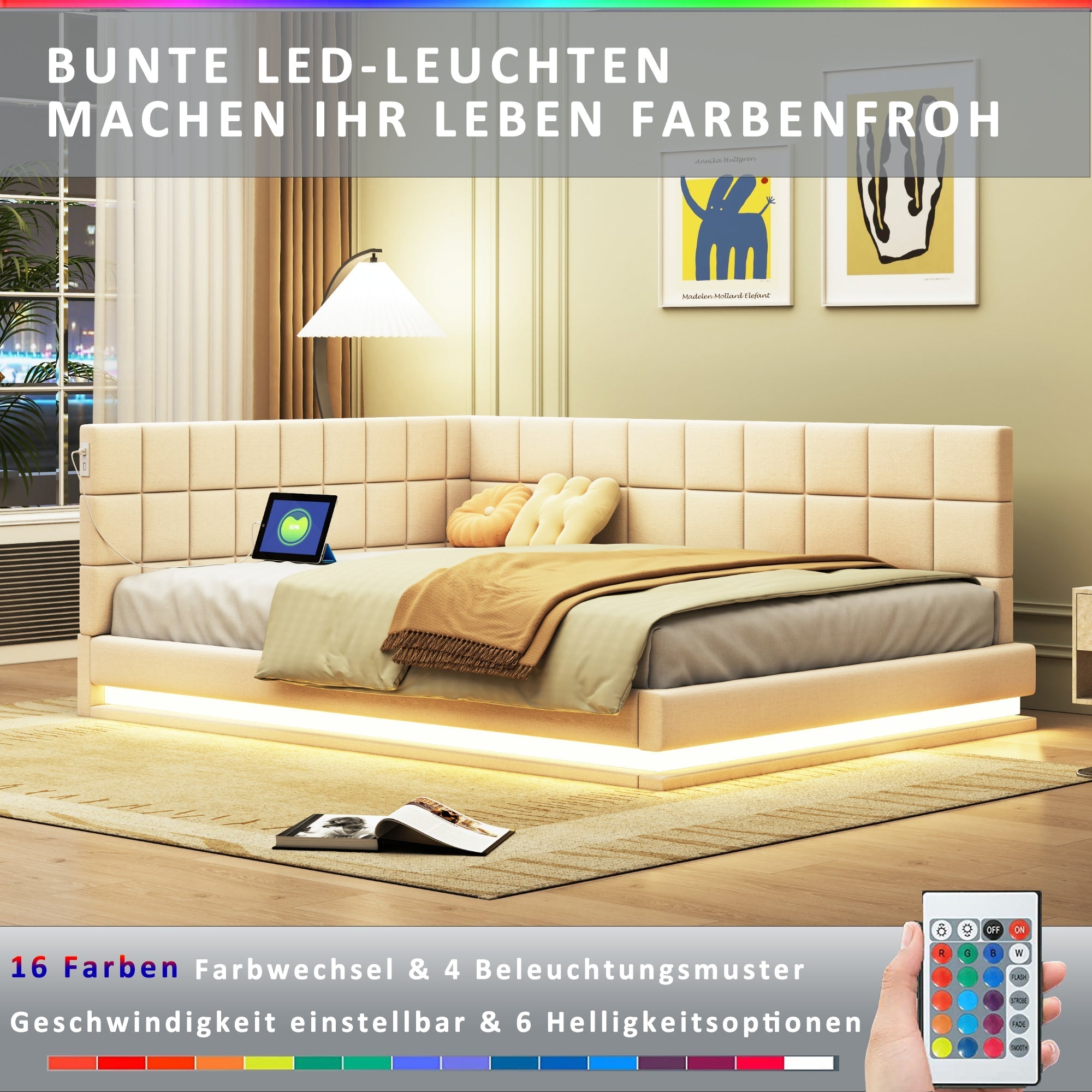 Upholstered Bed Sofa, 140x200 Multifunctional with LED & USB, Velvet Beige
