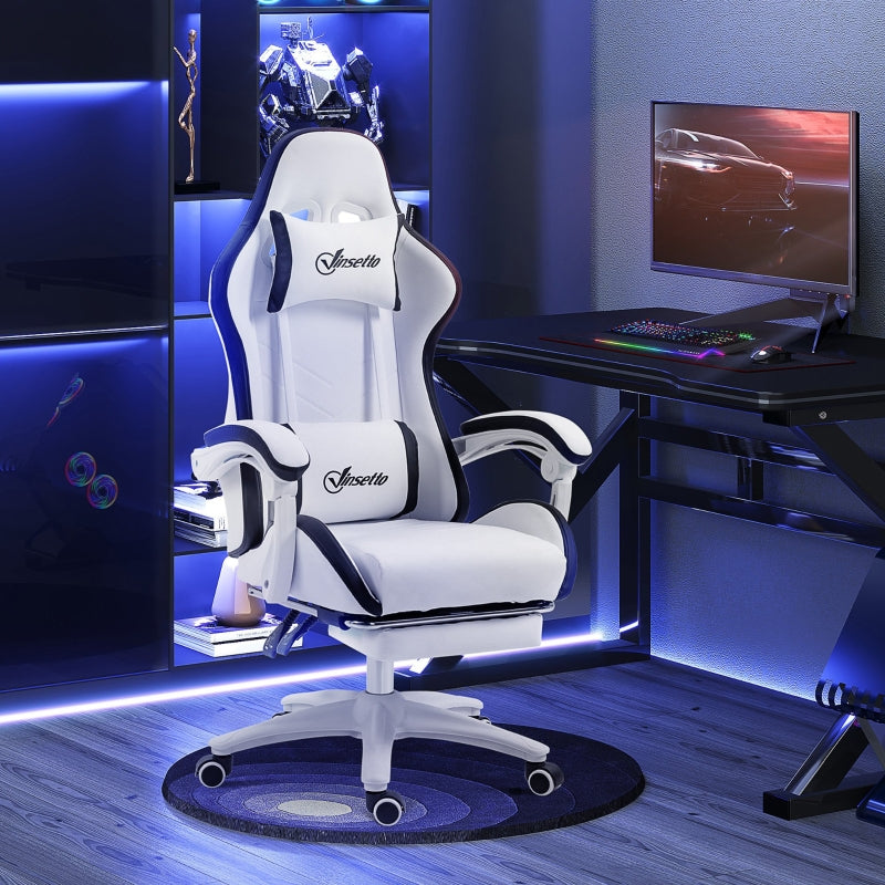Computer Gaming Chair with Footrest, 135° Reclining Back, Lumbar Support, PU Leather White and Black