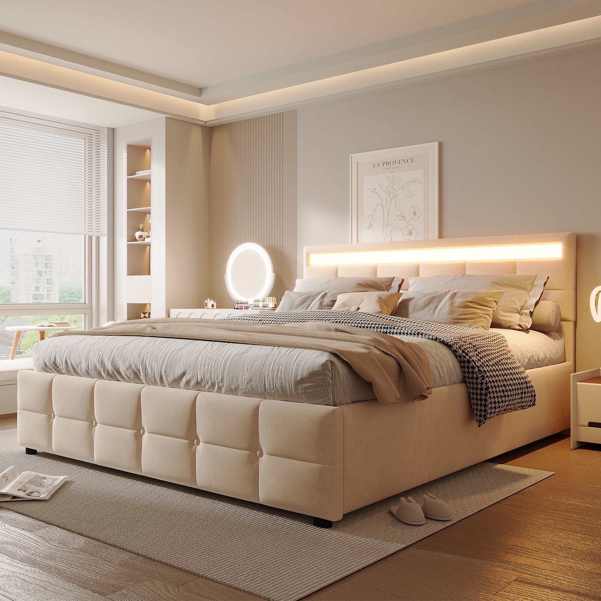 Upholstered Bed 180x200cm LED Hydraulic Slatted Frame, Dutch Velvet Beige
