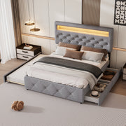 Upholstered Double Bed Pull-out Bed 2 Drawers LED Bedside 140x200cm - Grey