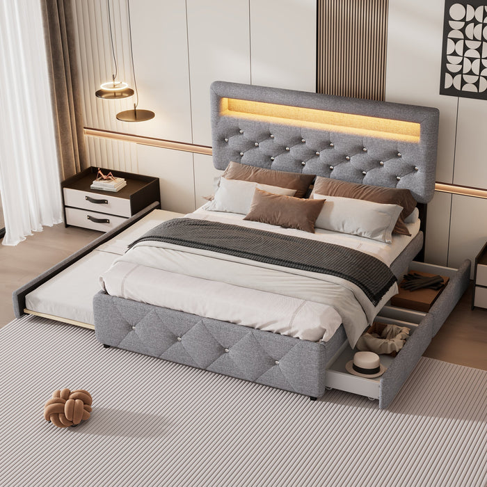 Upholstered Double Bed Pull-out Bed 2 Drawers LED Bedside 140x200cm - Grey