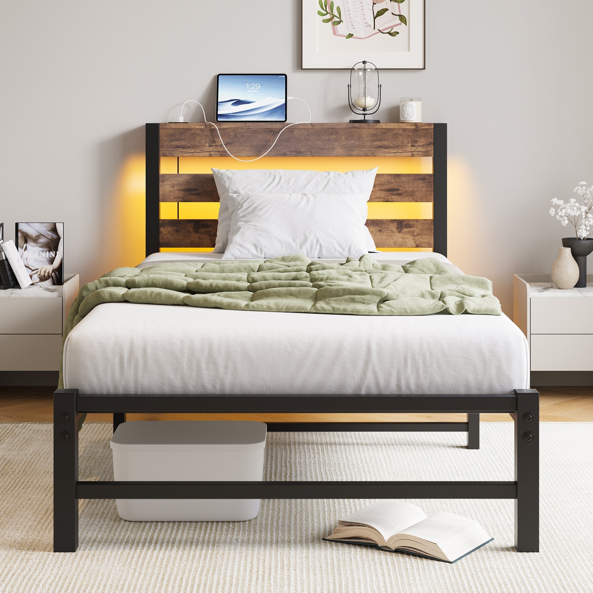 90x200 Bed Frame LED USB Charging Storage - Metal