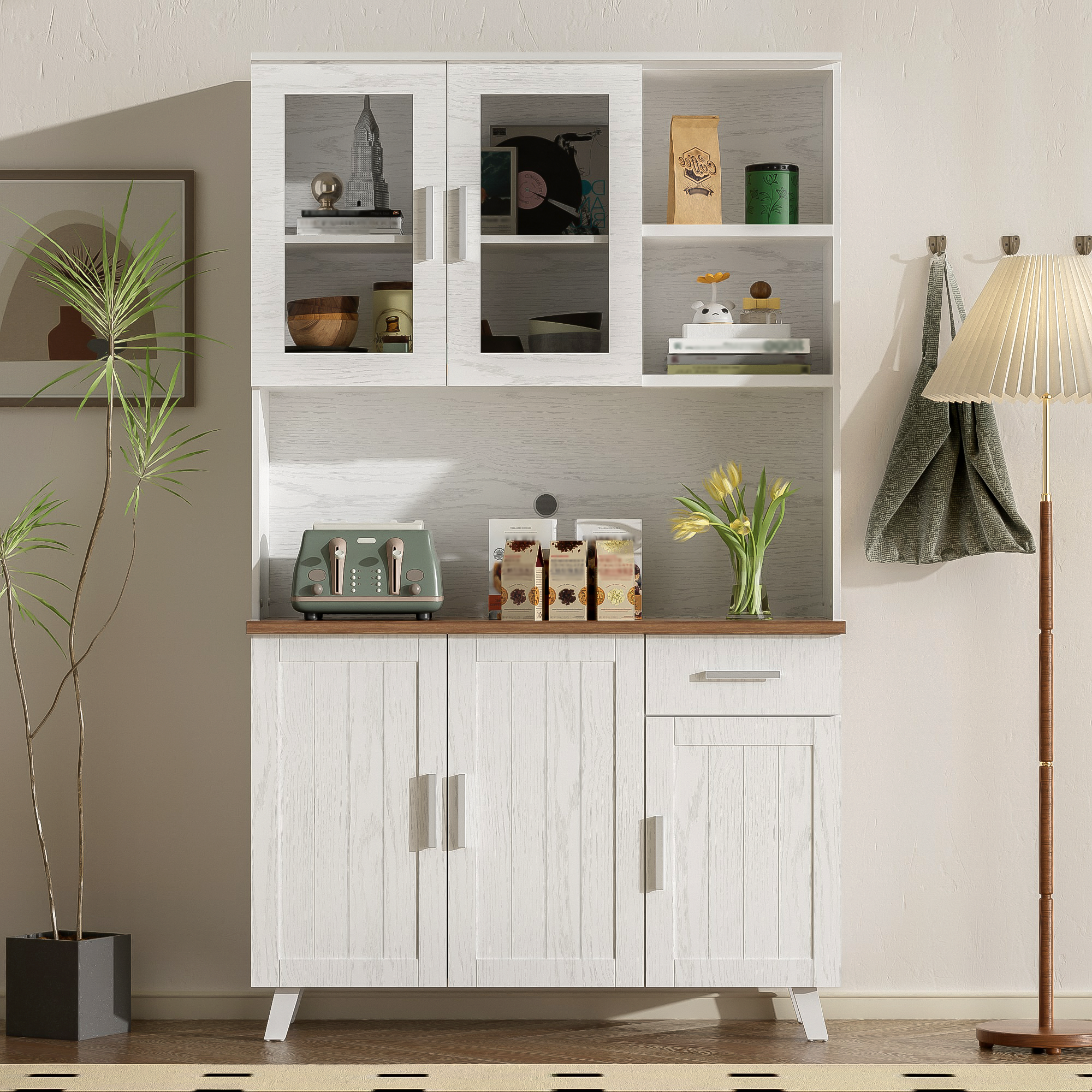 Sideboard, Tall Cabinet with Glass Panels, White Wood Grain