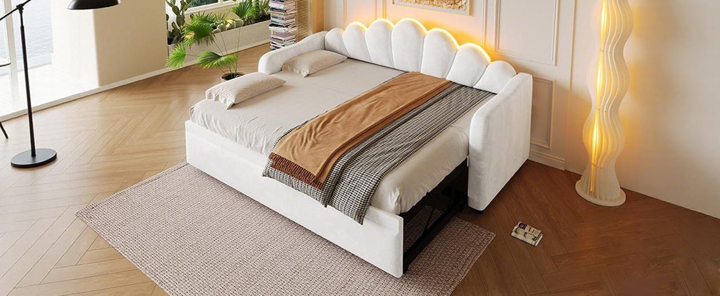 Upholstered Daybed with Pull-out Function and LED Lighting, 90x200cm, White