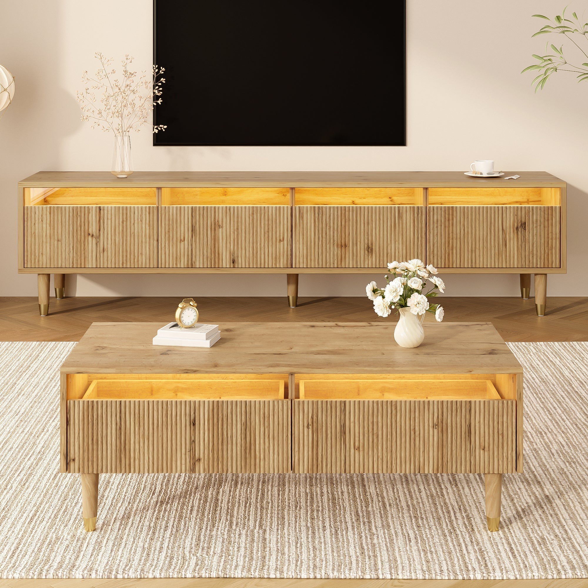 Modern LED Furniture Set: TV Cabinet 4 Doors Coffee Table 2 Drawers, Wood-Gold Design