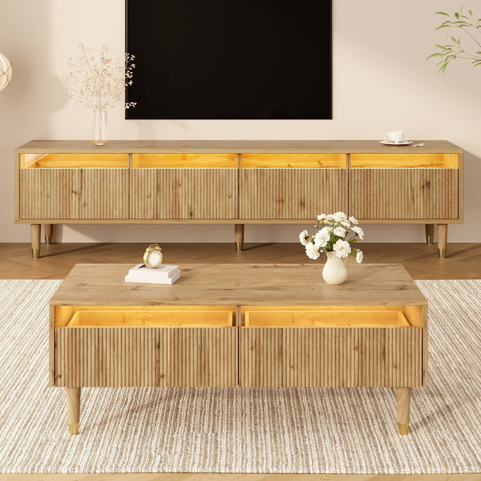 Modern LED Furniture Set: TV Cabinet 4 Doors Coffee Table 2 Drawers, Wood-Gold Design
