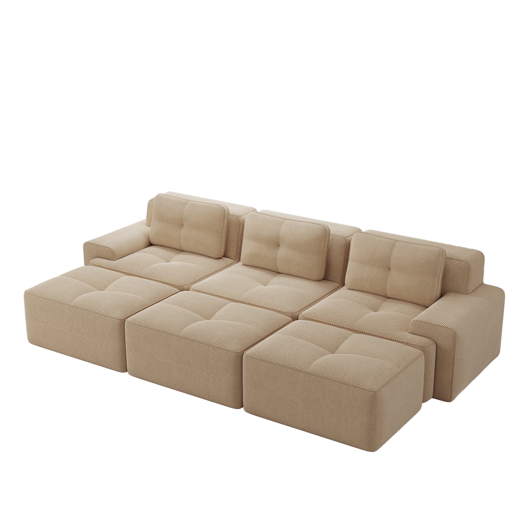 Frameless Modular Corner Sofa Sleeping Function 3 Ottomans - Corduroy Beige