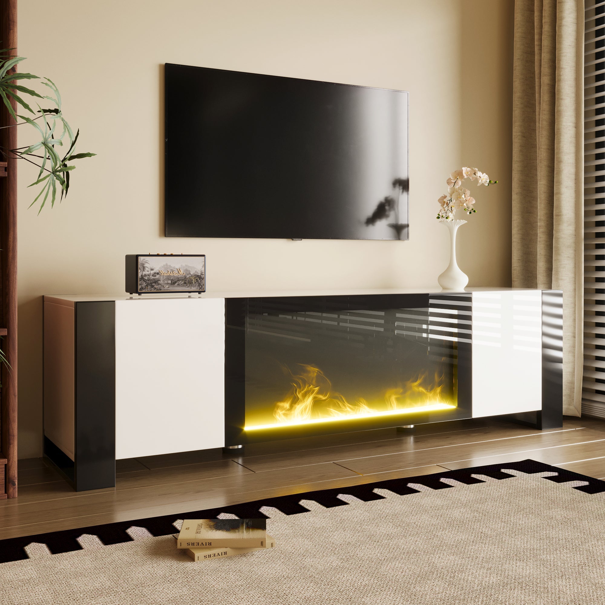 TV Cabinet, Lowboard Electric Fireplace High Gloss, White and Black
