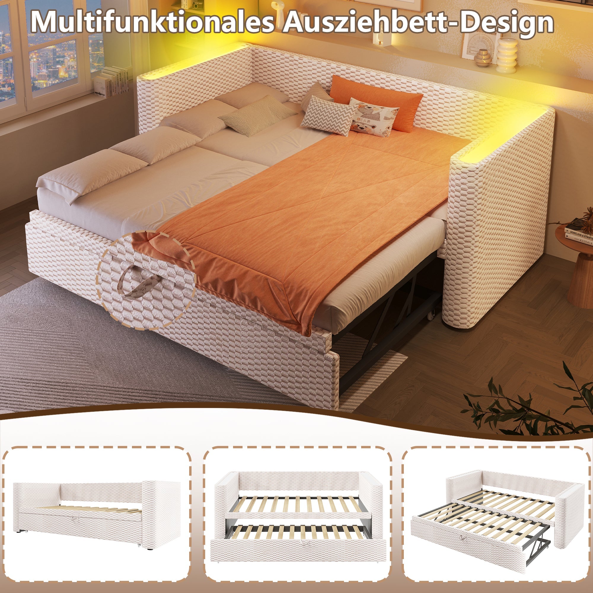 Daybed Sofa Bed, Multifunctional Pull-Out with LED Light, Velvet Beige