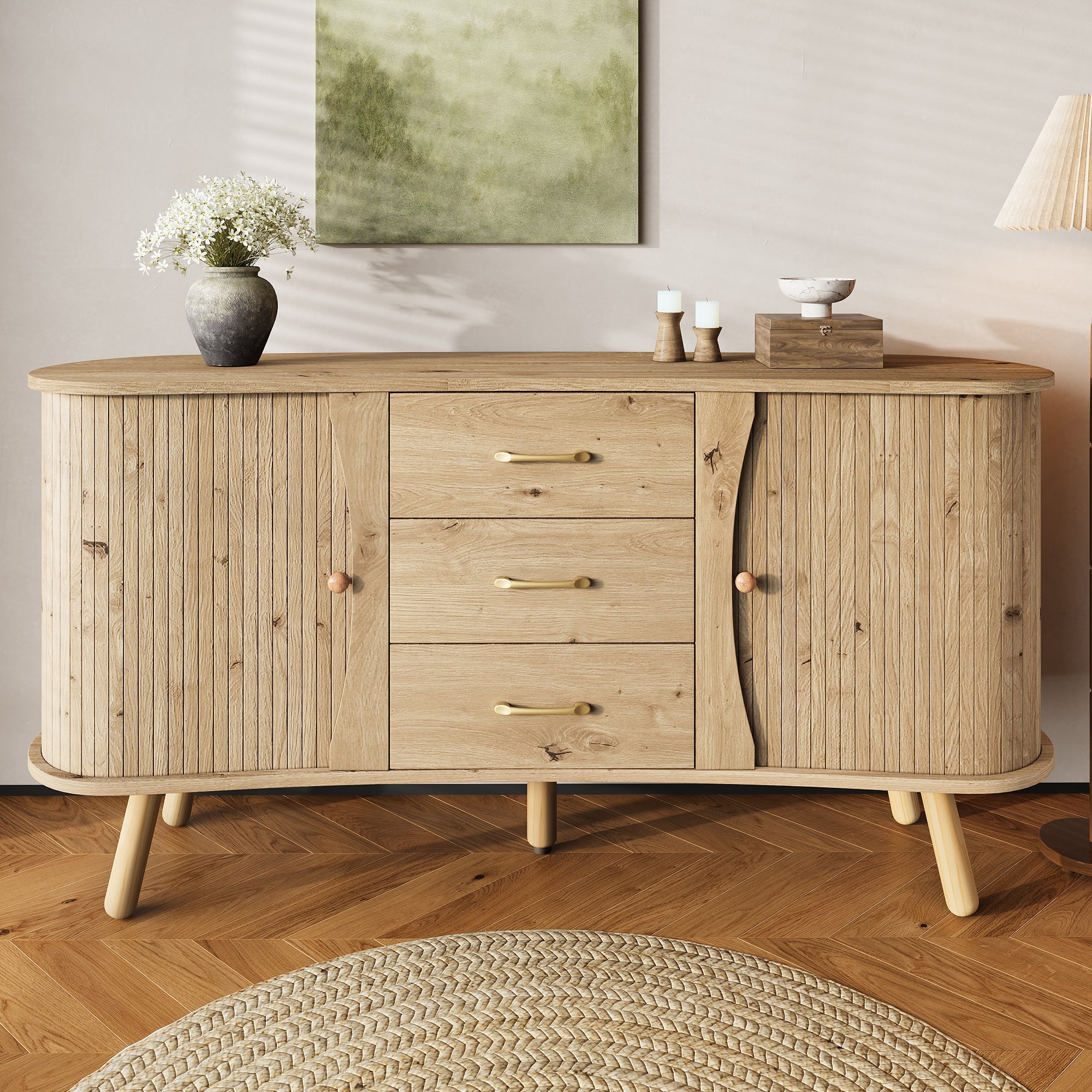 Pea-Shaped Sideboard with 2 Sliding Doors and 3 Drawers, Scandinavian Style with Solid Wood Legs, Wood Look MDF