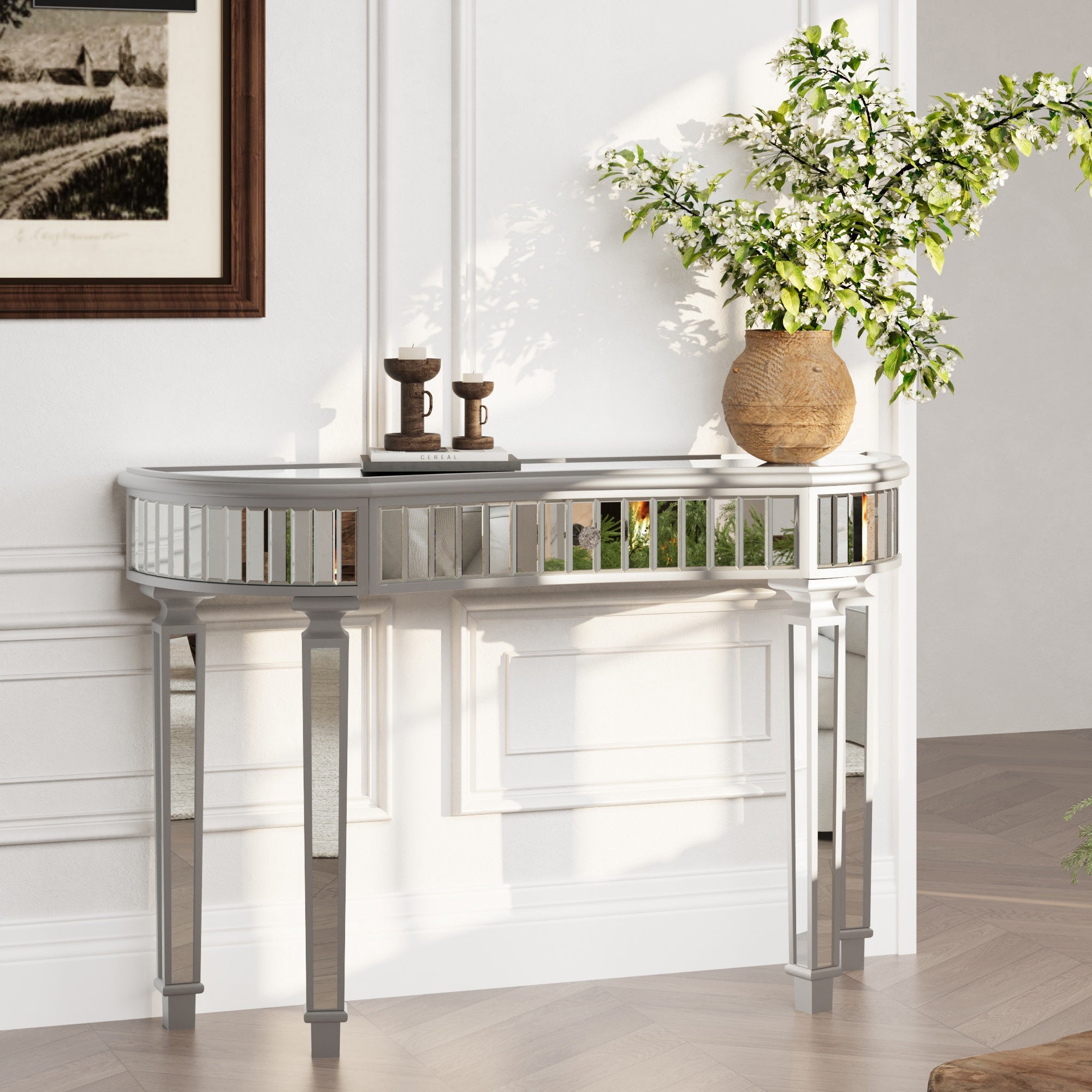 Half-Moon Mirrored Console Table with Fluted Glass and Crystal Knob Dr ...