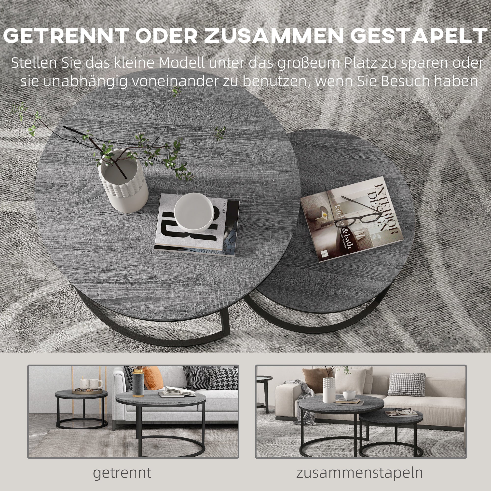 Runder Couchtisch, 2er-Set stapelbare Beistelltische, Holzoptik & Metall, Schwarz