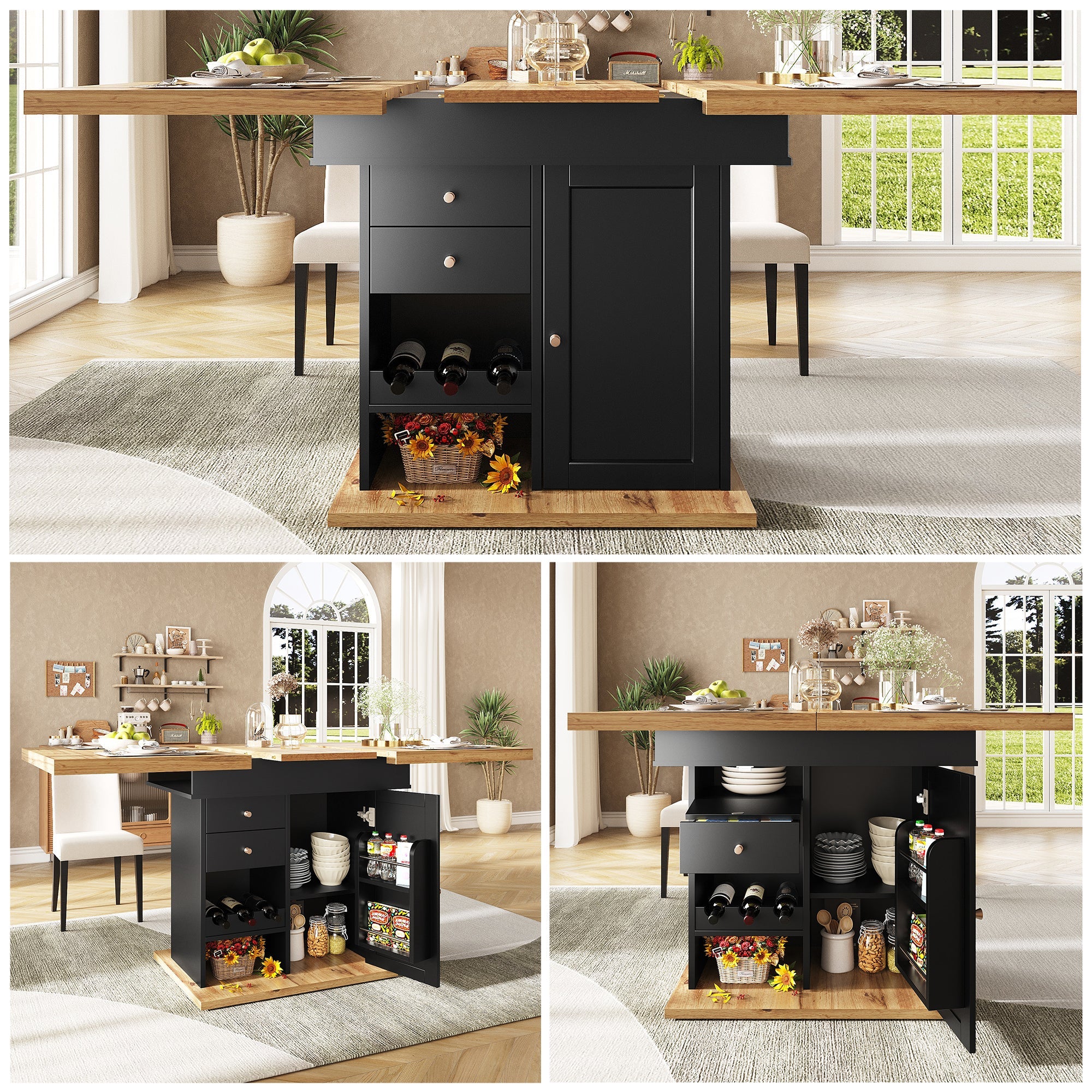 Telescopic Dining Table with Wine Rack and Snack Shelf, Extendable and Foldable, Wood Finish