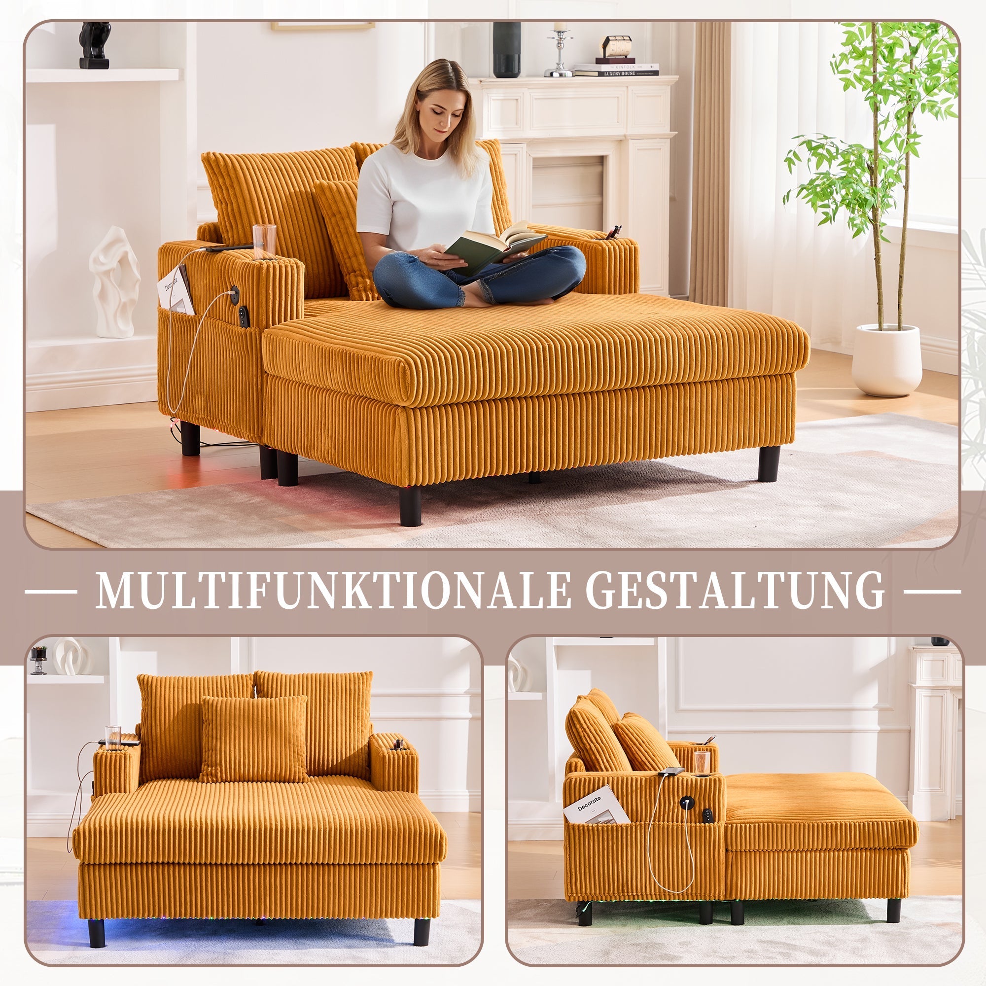 Chaise Longue Recliner, Soft, with Cupholders, USB, LED Lighting
