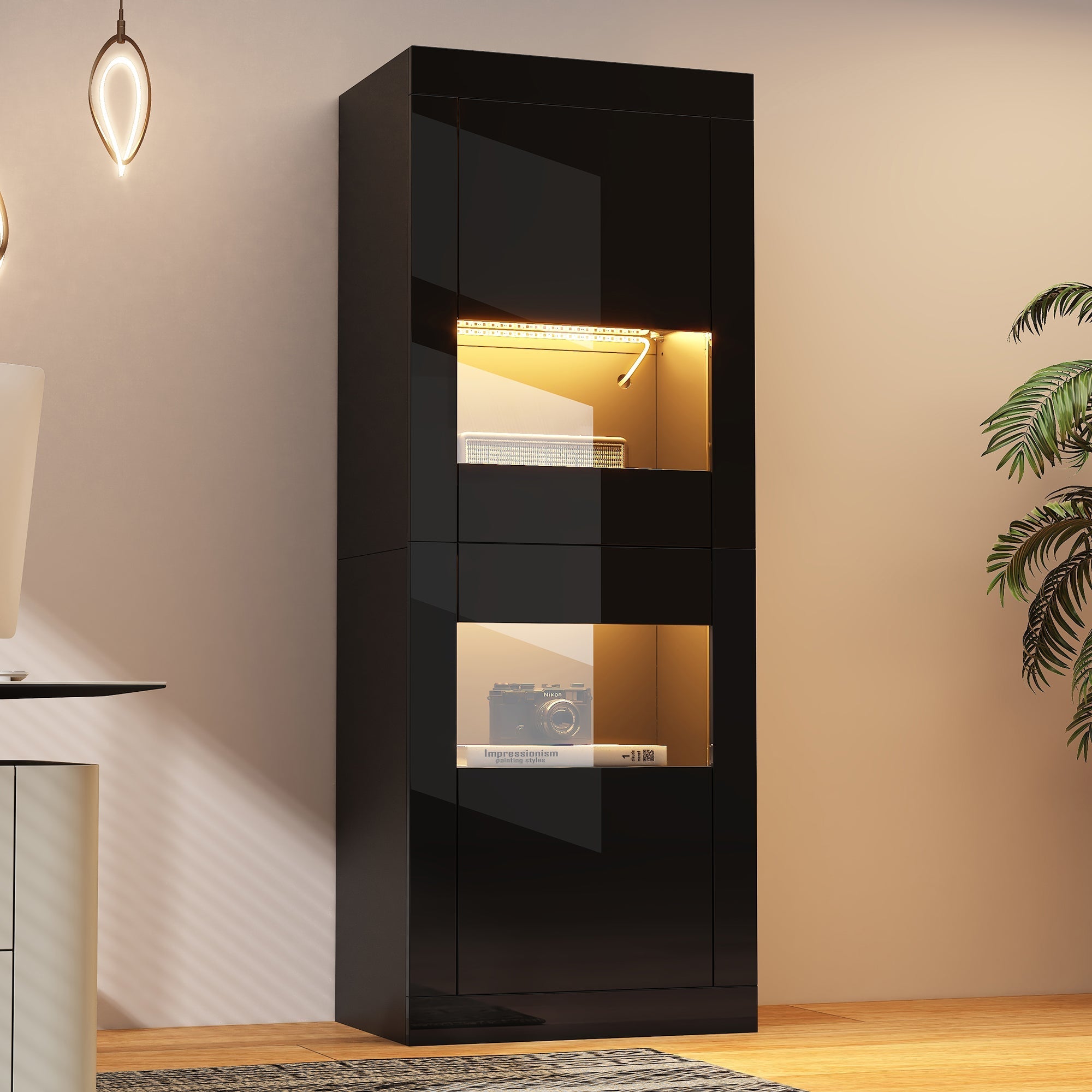 Display Cabinet with LED Lighting and Glass Shelf, High-Gloss Black