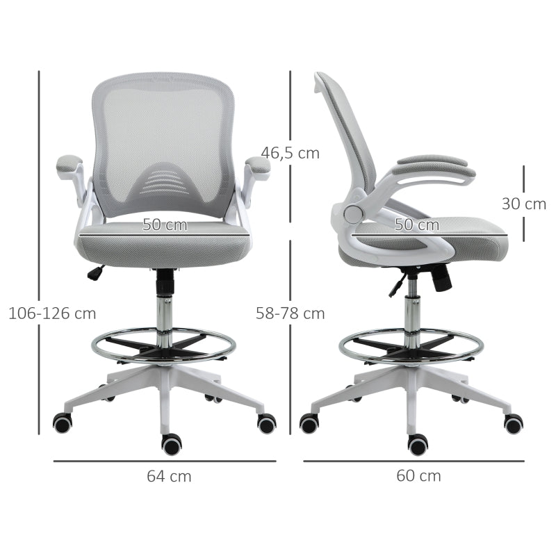 Vinsetto Office Chair, Ergonomic Desk with Folding Armrests, Adjustable Footrest, Swivel, Mesh Light Grey