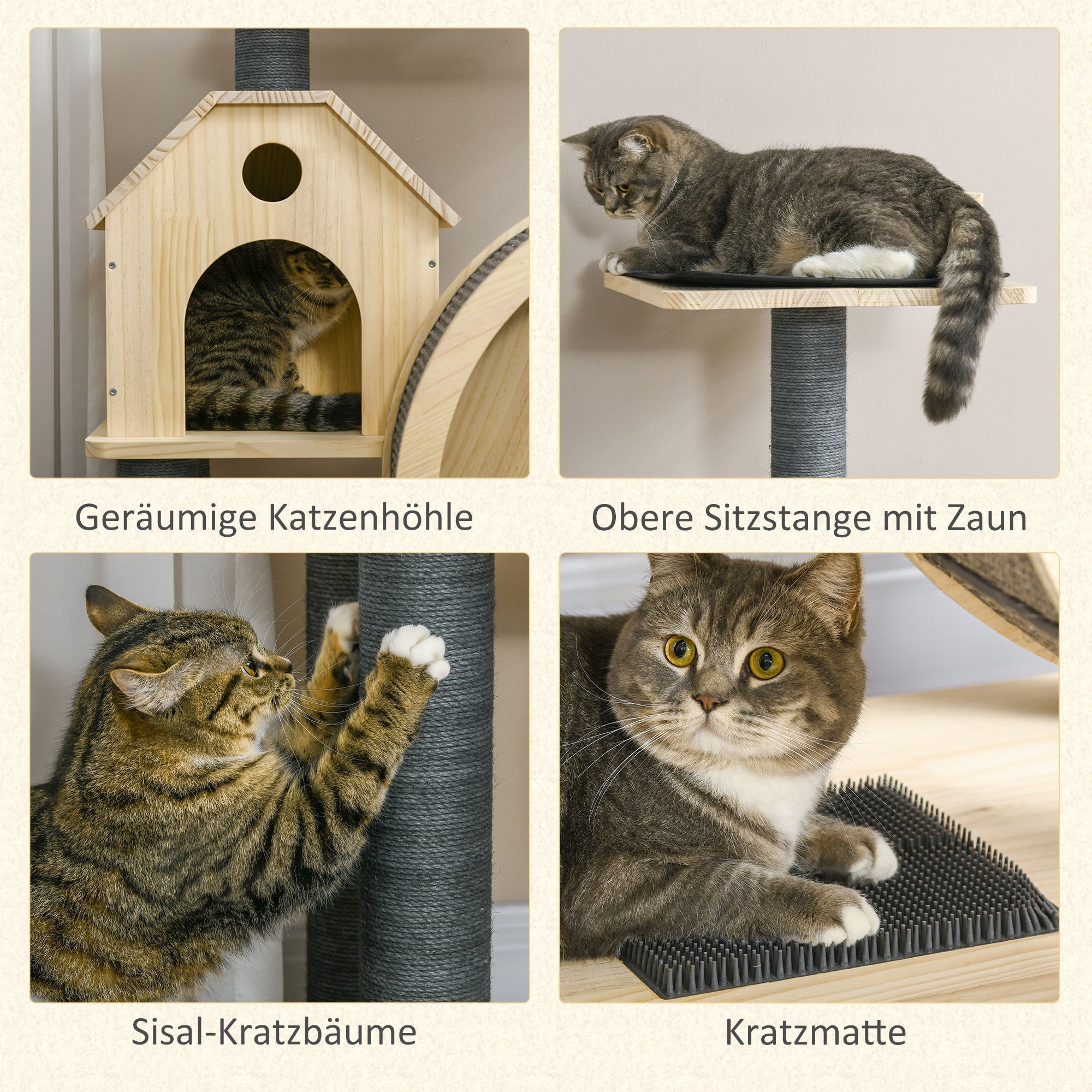 Cat Tree with Exercise Wheel 4 Levels Sisal Posts, Pine Wood