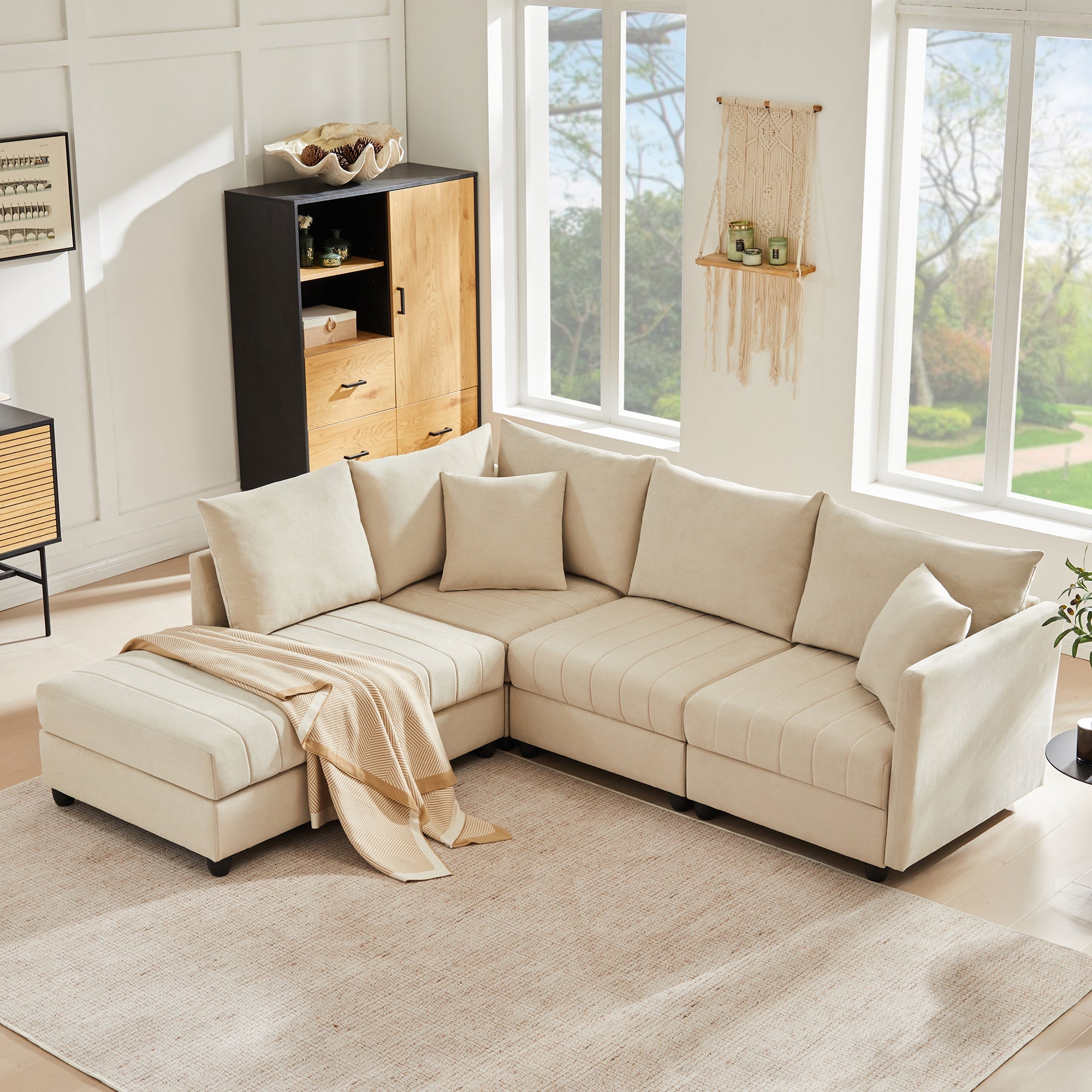 Modular Corner Sofa 5-Seater L/U-Shaped with Convertible Footstool