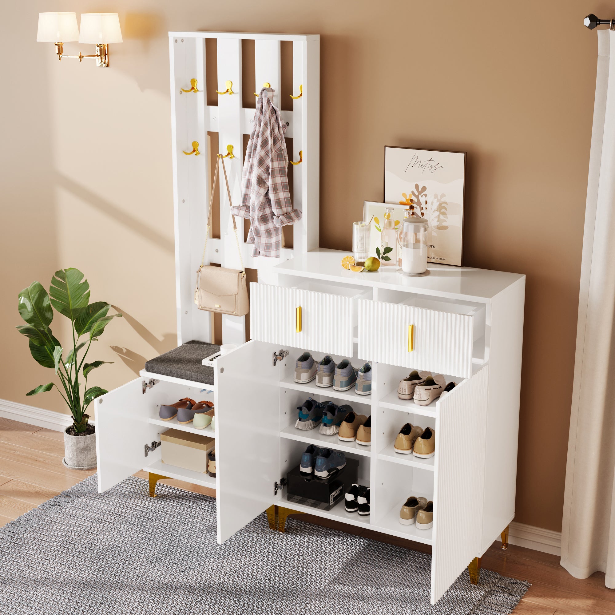 Wardrobe Set with Shoe Bench, Hooks, Drawers & Doors