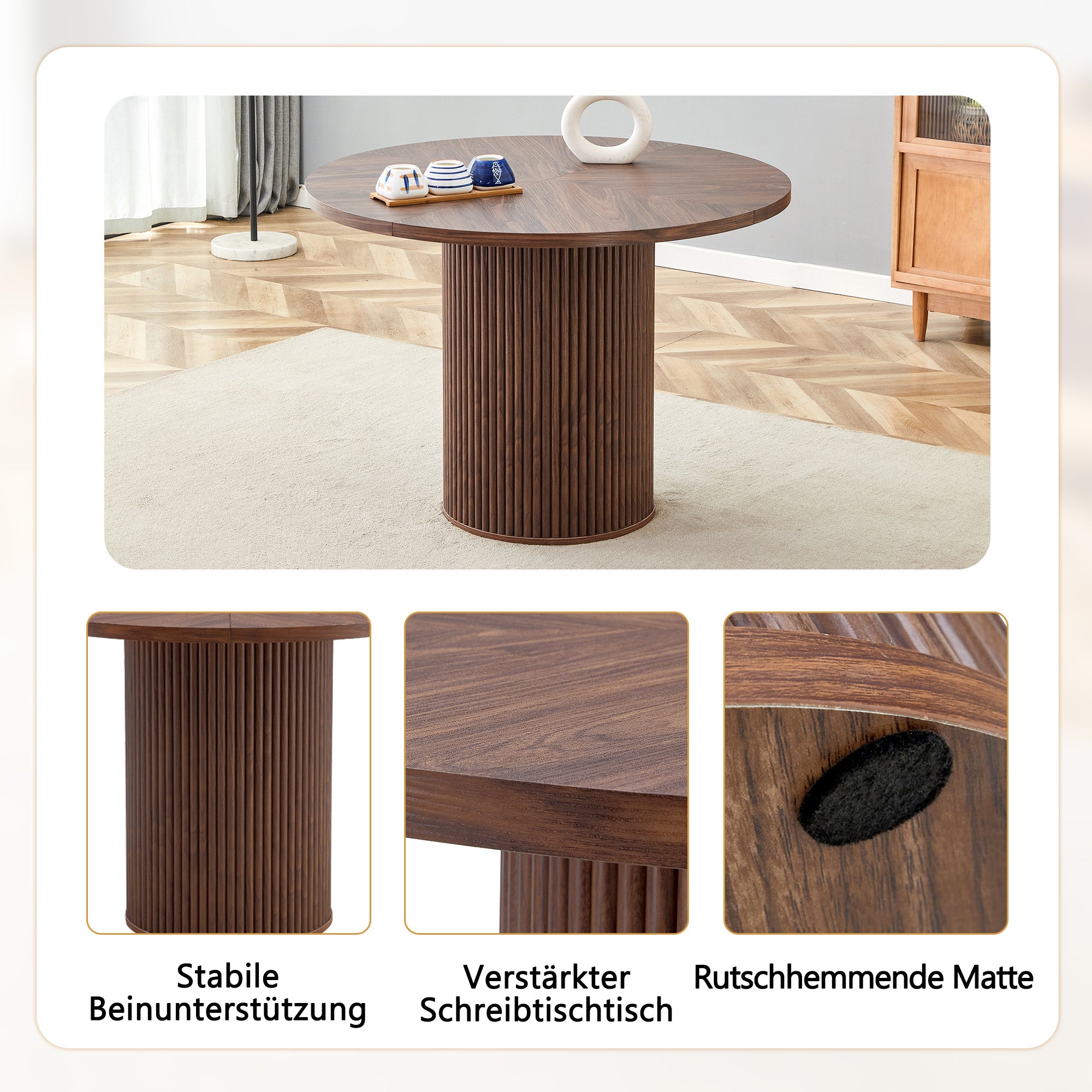 Round Dining Table 100cm 4-6 Seater Storage Cylindrical Leg - Walnut Look MDF