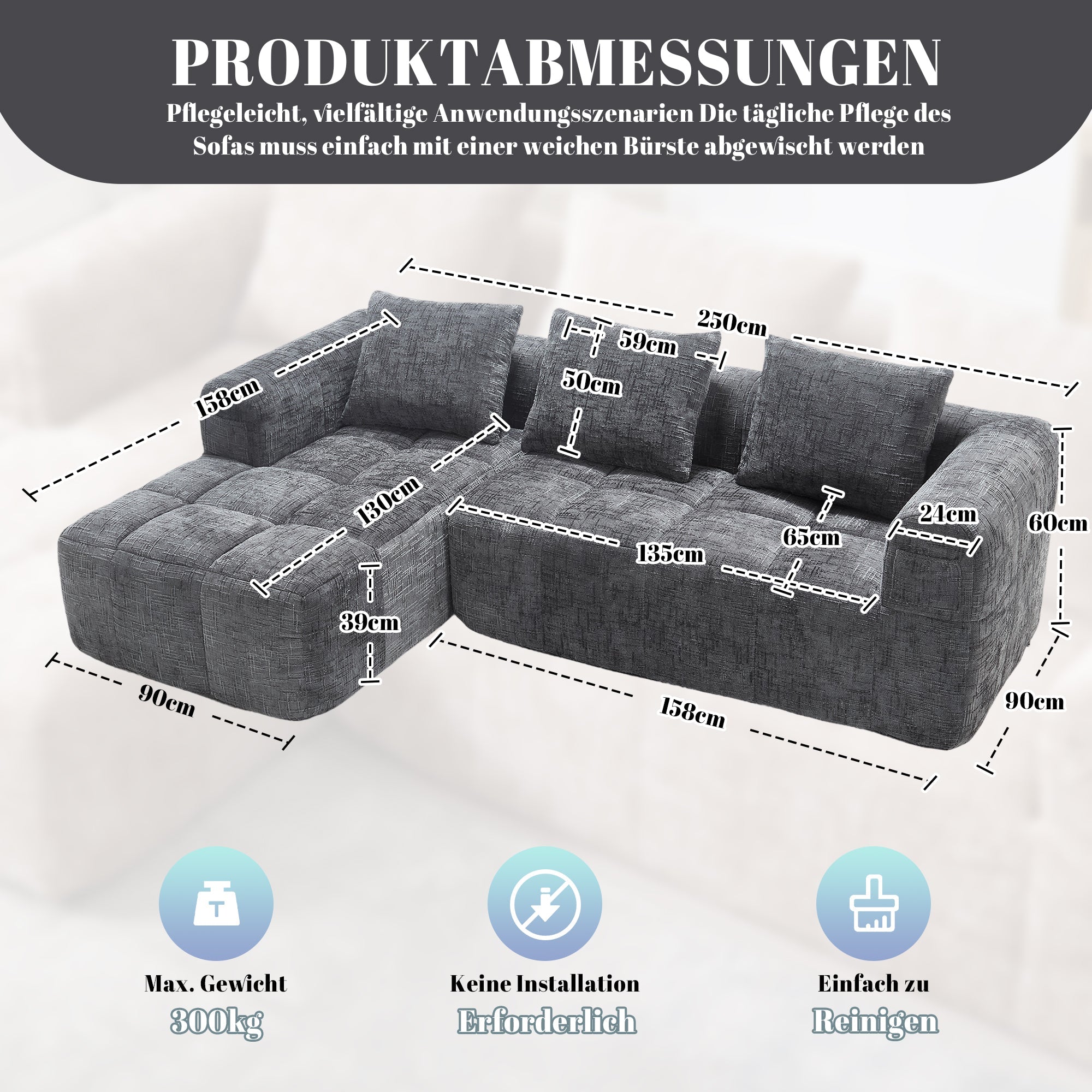 Modern Sectional Sofa L-Shaped 3-Seater Chaise Longue Storage Pocket Chenille Grey