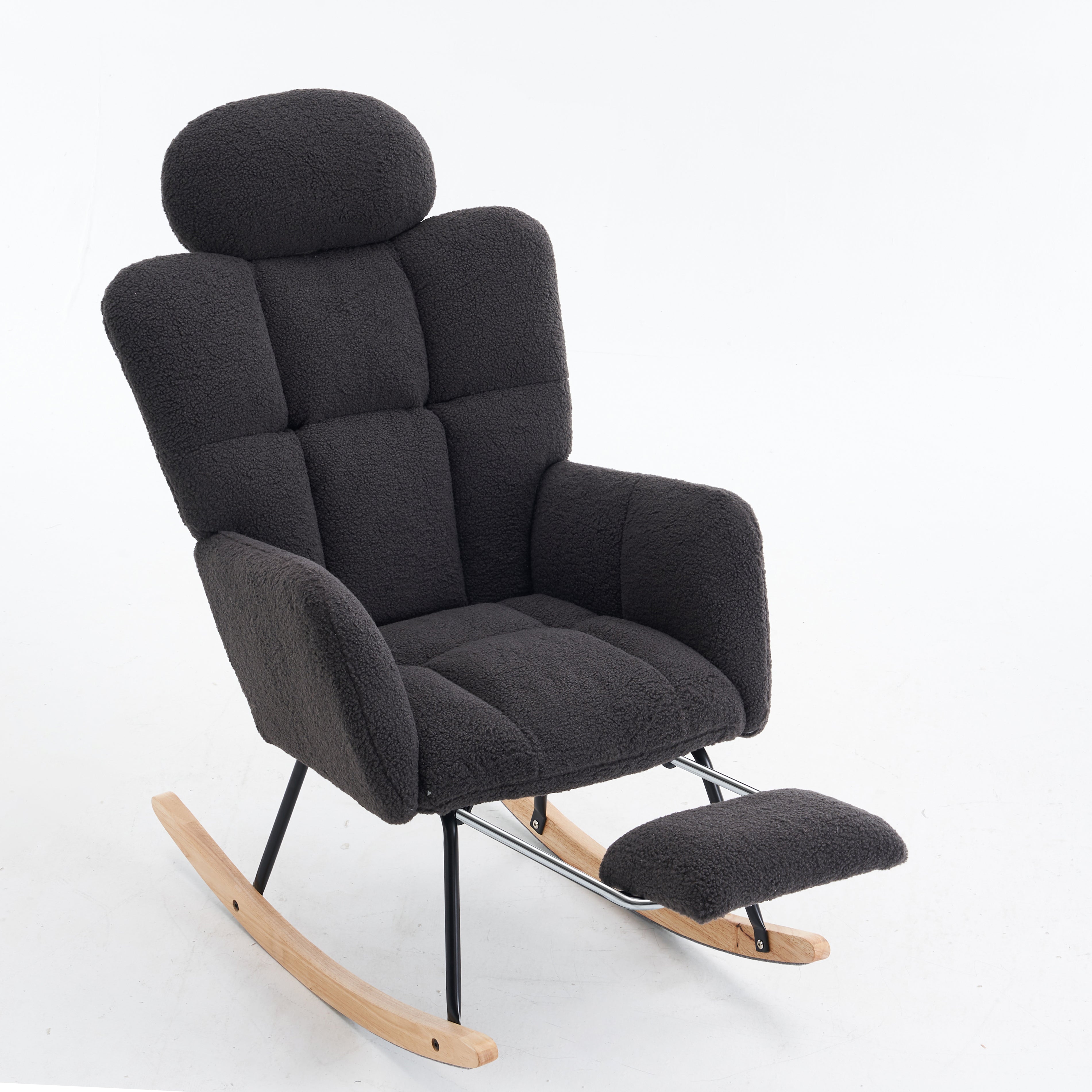 Teddy Rocking Chair Tufted Upholstered Padded Seat Headrest Foldable Footrest, Dark Grey