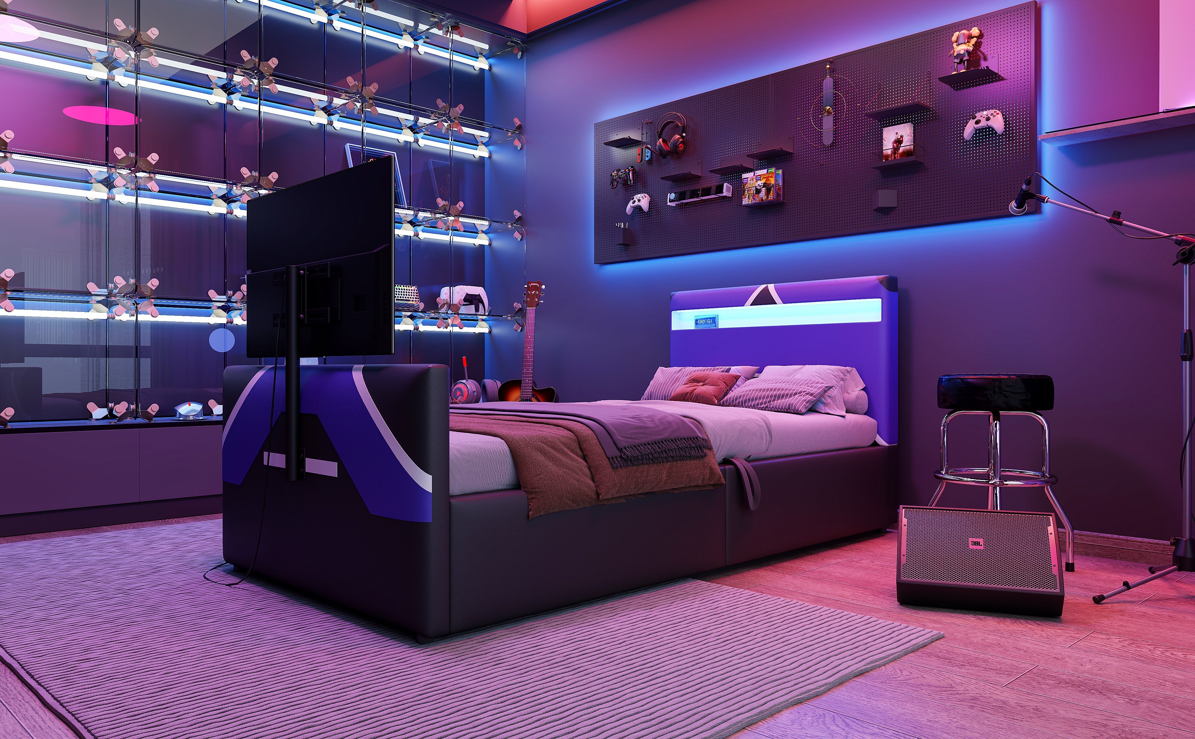 Multifunctional Gaming Bed with LED Lighting, Storage and TV Mount, PU Leather