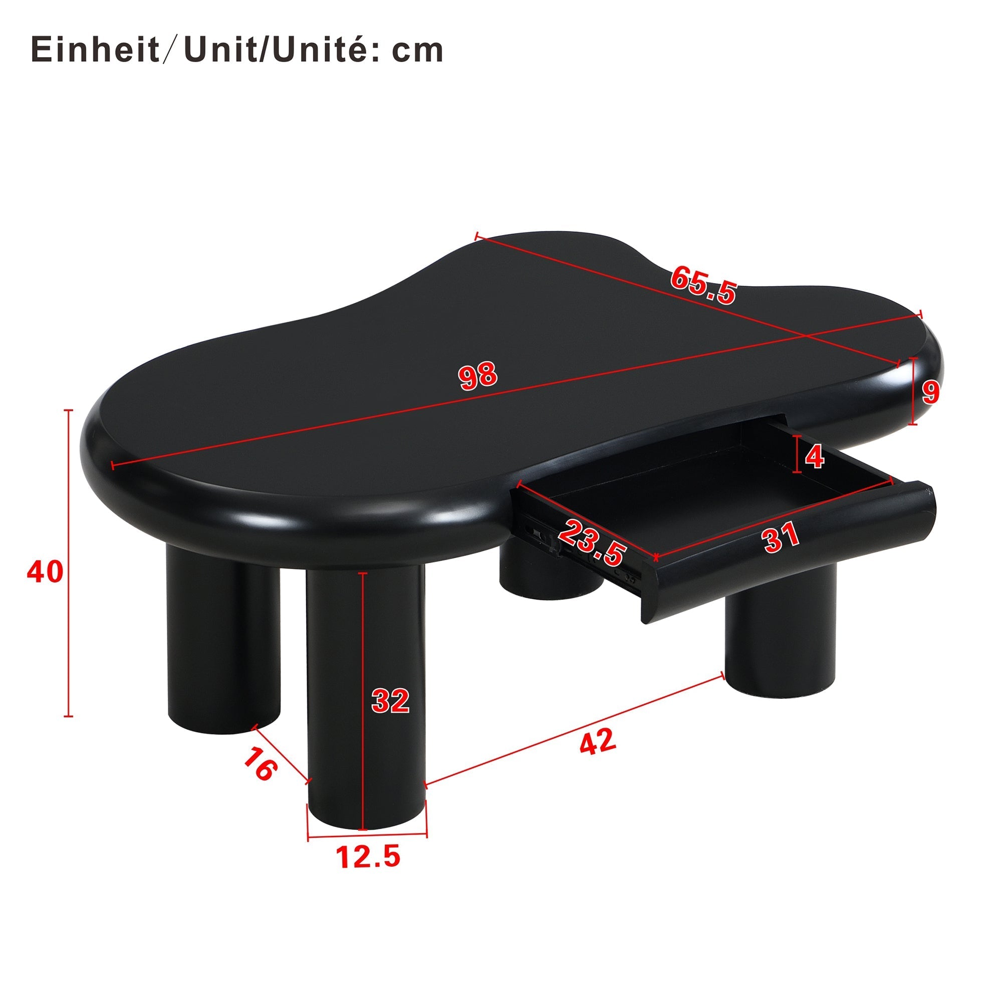 Coffee Table, Cloud-Shaped with 16-Color LED & Drawer, Black MDF