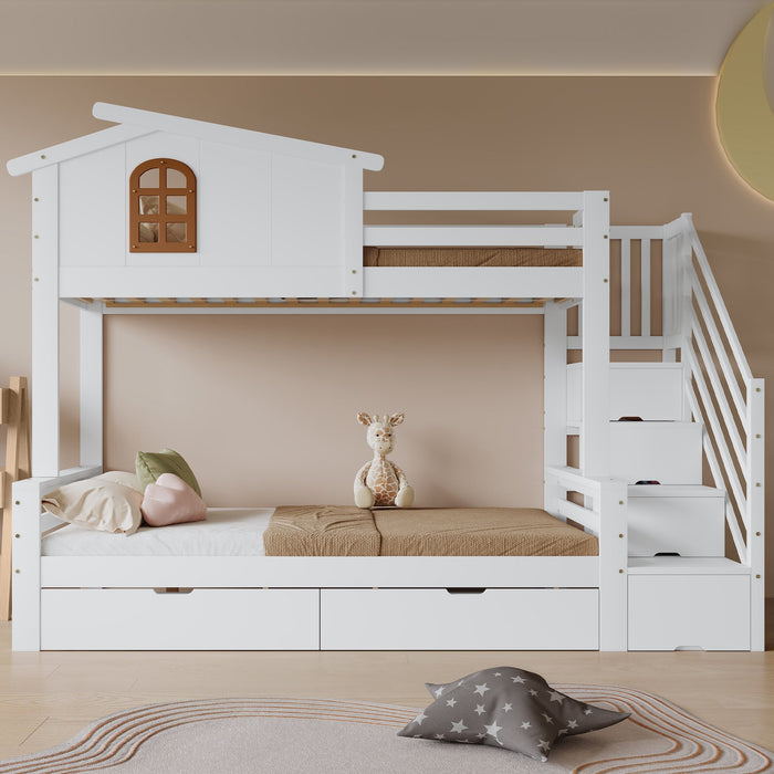 Bunk Bed, Two Drawers, Corner Ladder, Pine + MDF + Plywood, White + Natural