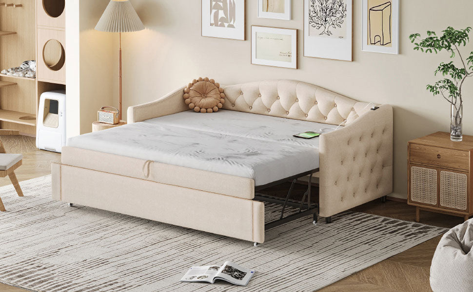 Upholstered Pull-out Sofa Bed with USB Port, Slatted Frame, Multifunctional - Linen Fabric, Beige