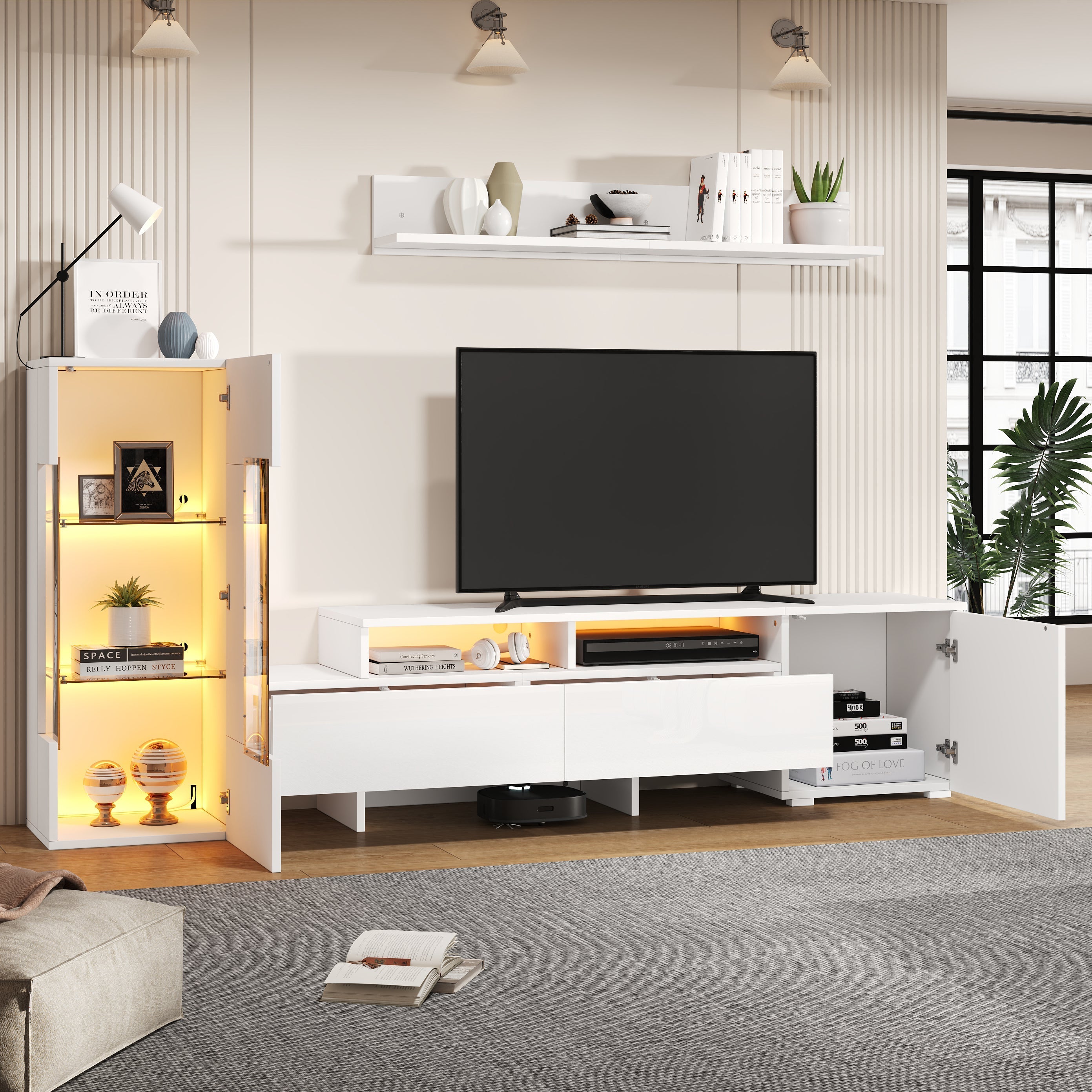 3-Piece TV Wall Unit Set High-Gloss LED Modern Wall-Mounted White
