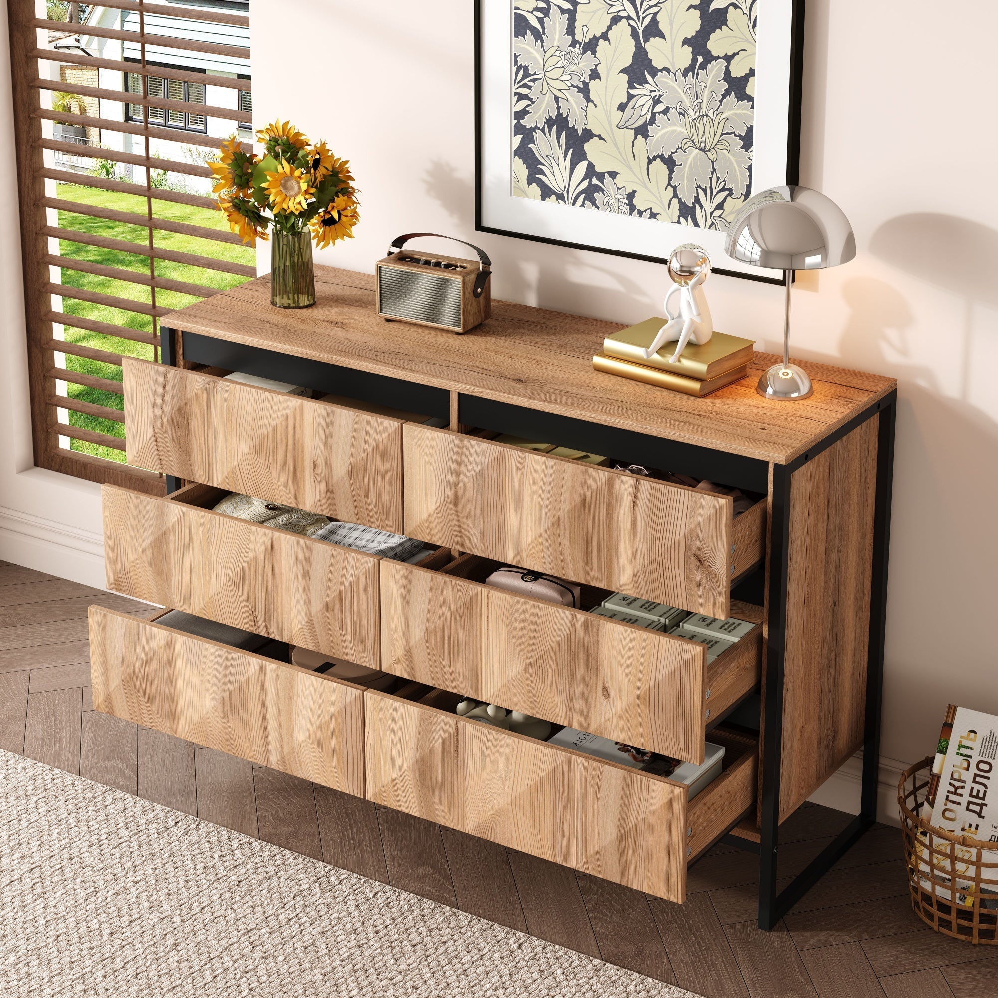Sideboard & Chest of Drawers, Metal Legs, Raised Doors, Black and Natural Wood