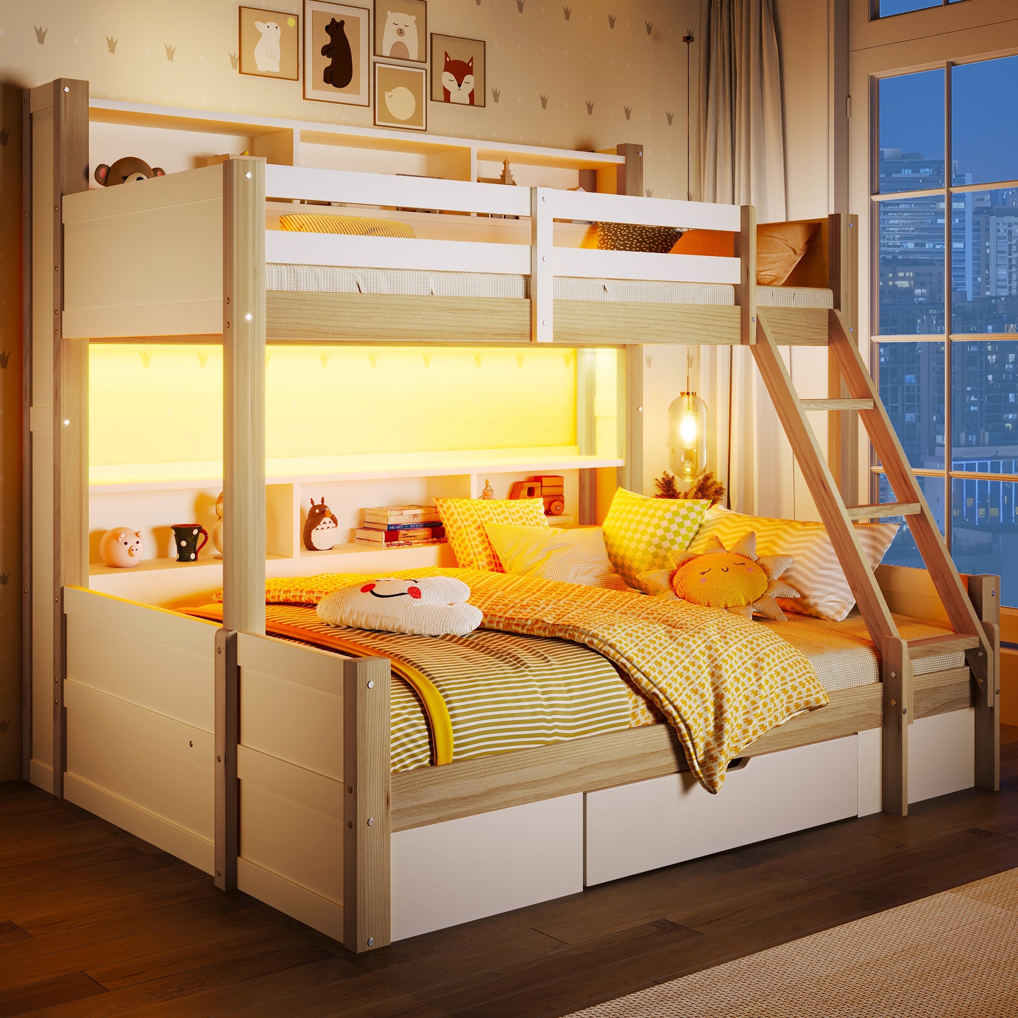Bunk Bed with Storage Compartments, 1 Drawer and LED Light, 90x200cm + 140x200cm, White and Natural