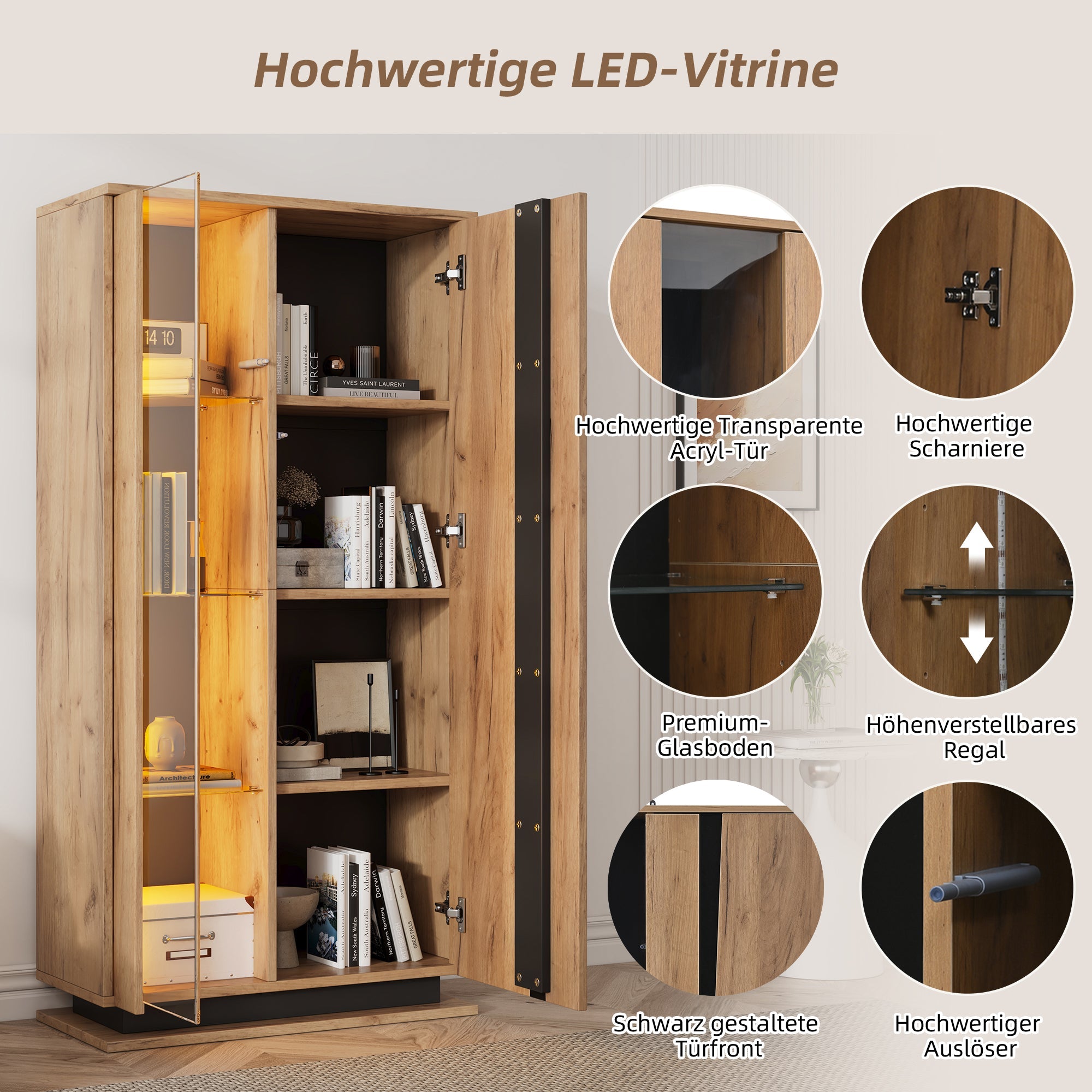 Display Cabinet 80x35x160cm 8 Shelves Glass Dividers Narrow Freestanding Acrylic Wood Color