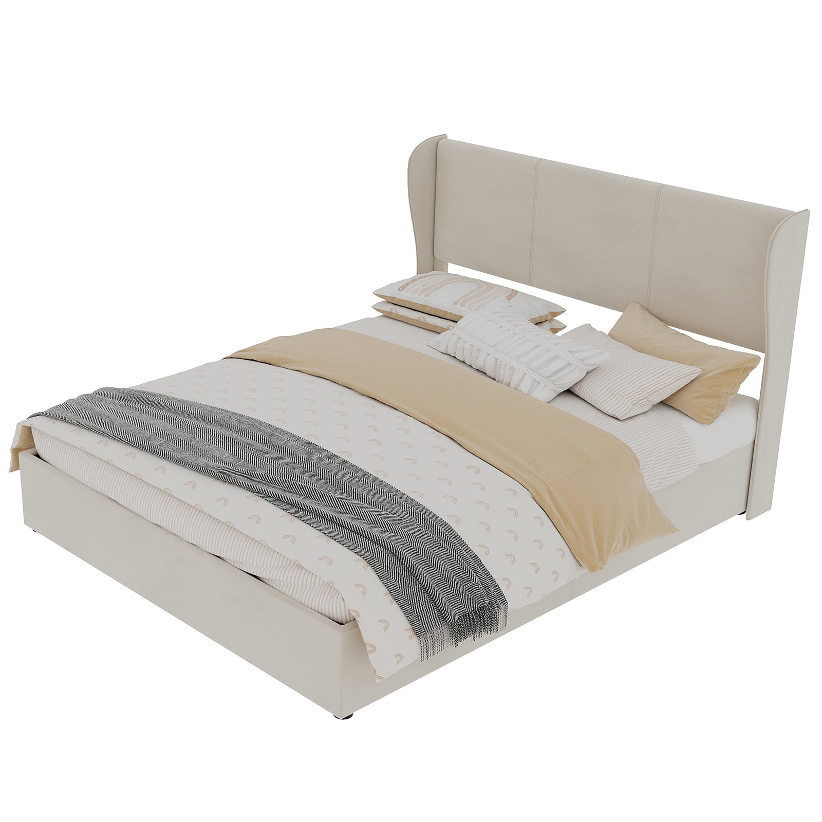 Upholstered Bed 160x200cm Gas Lift Storage Soft Headboard - Beige