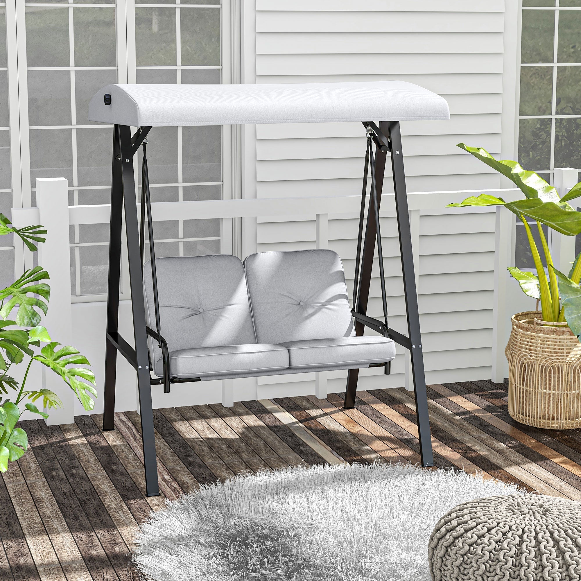Hollywood Swing 2-Seater with Adjustable Canopy & Cushions, 220kg Capacity, Grey