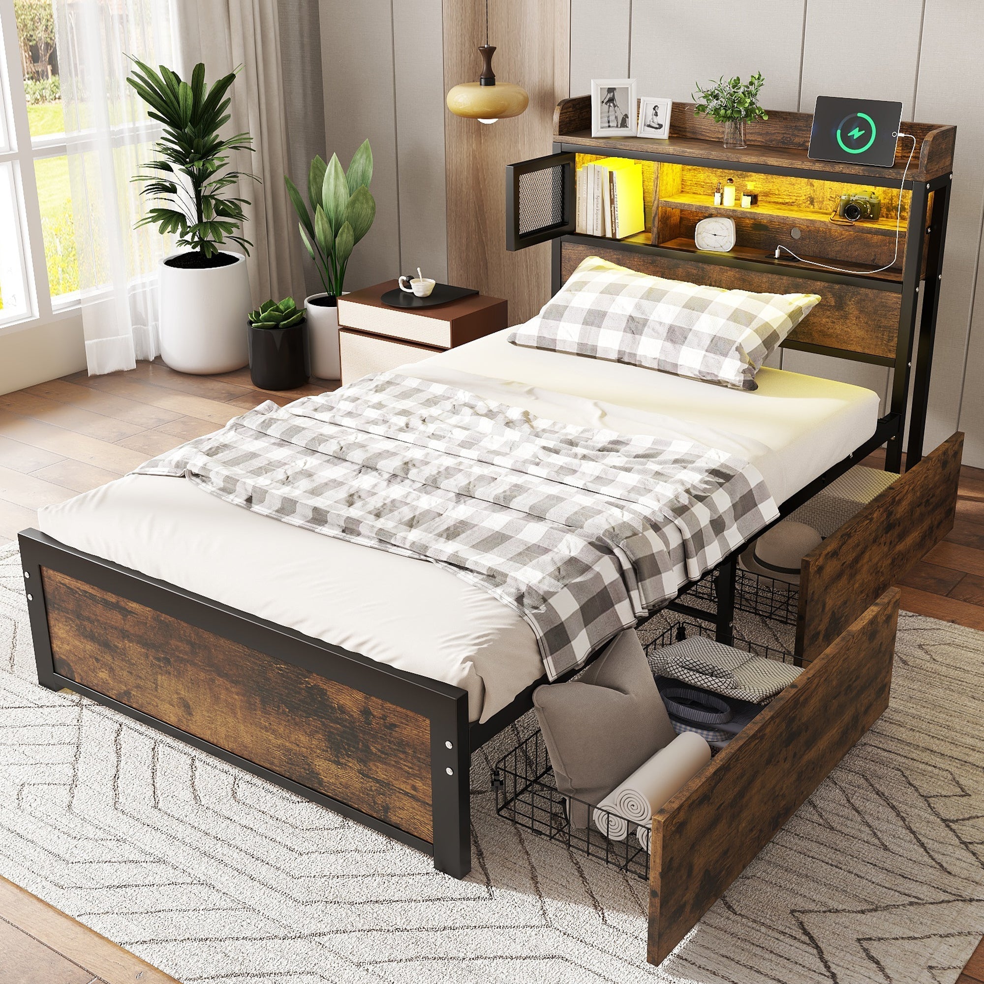 Metal Bed, 3FT Single with LED Light Strip, 2 Drawers & 3 Charge Ports, Durable & Sturdy, Black Iron & Wood Color