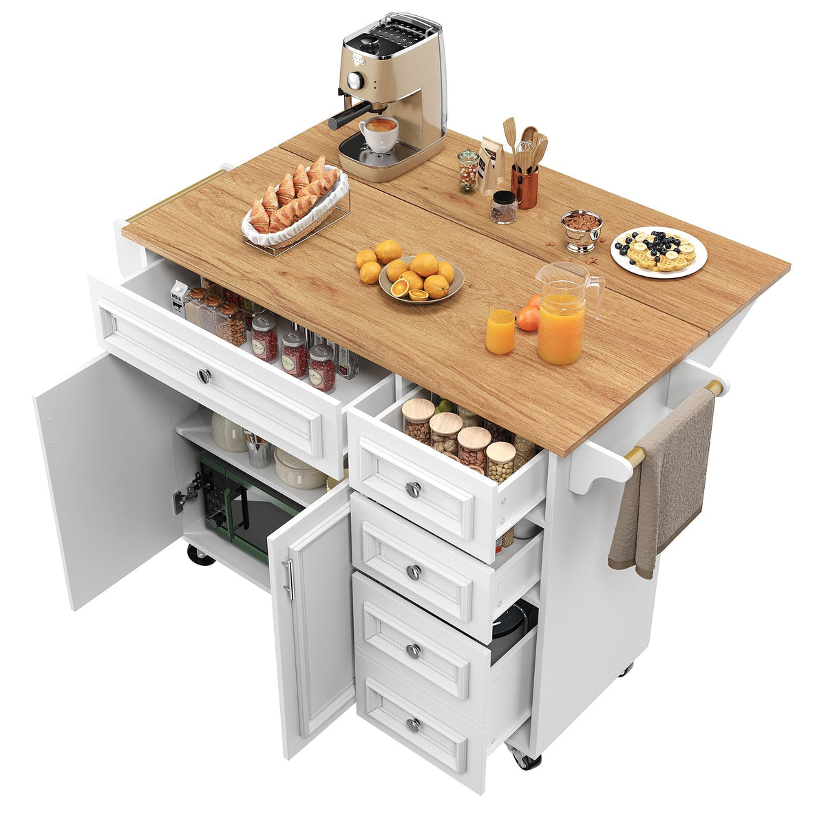 Kitchen Island Multifunctional Dining Table Removable Trolley Storage - White