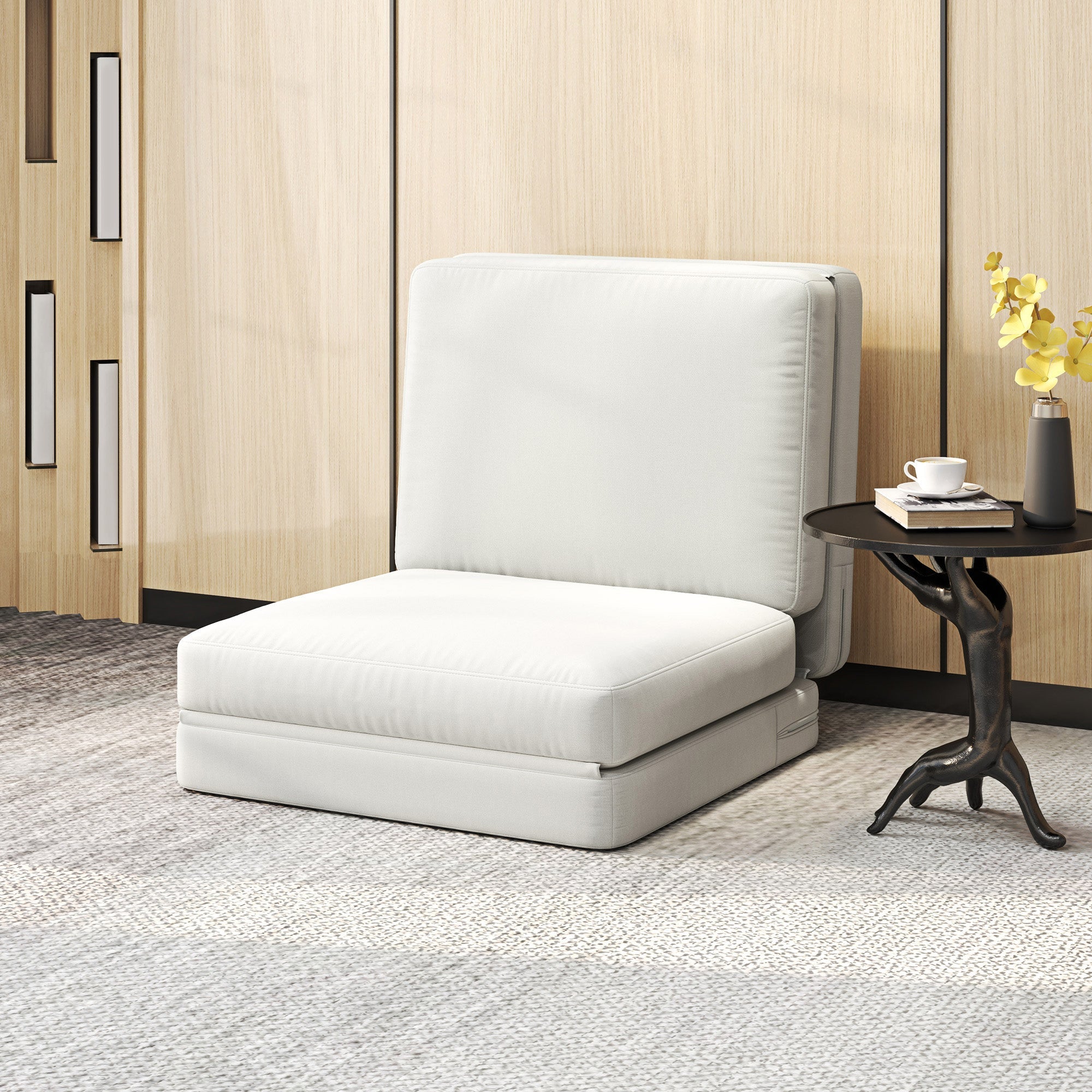 Klappbares Samt-Schlafsofa, 3-in-1, Stauraum, Cremeweiß